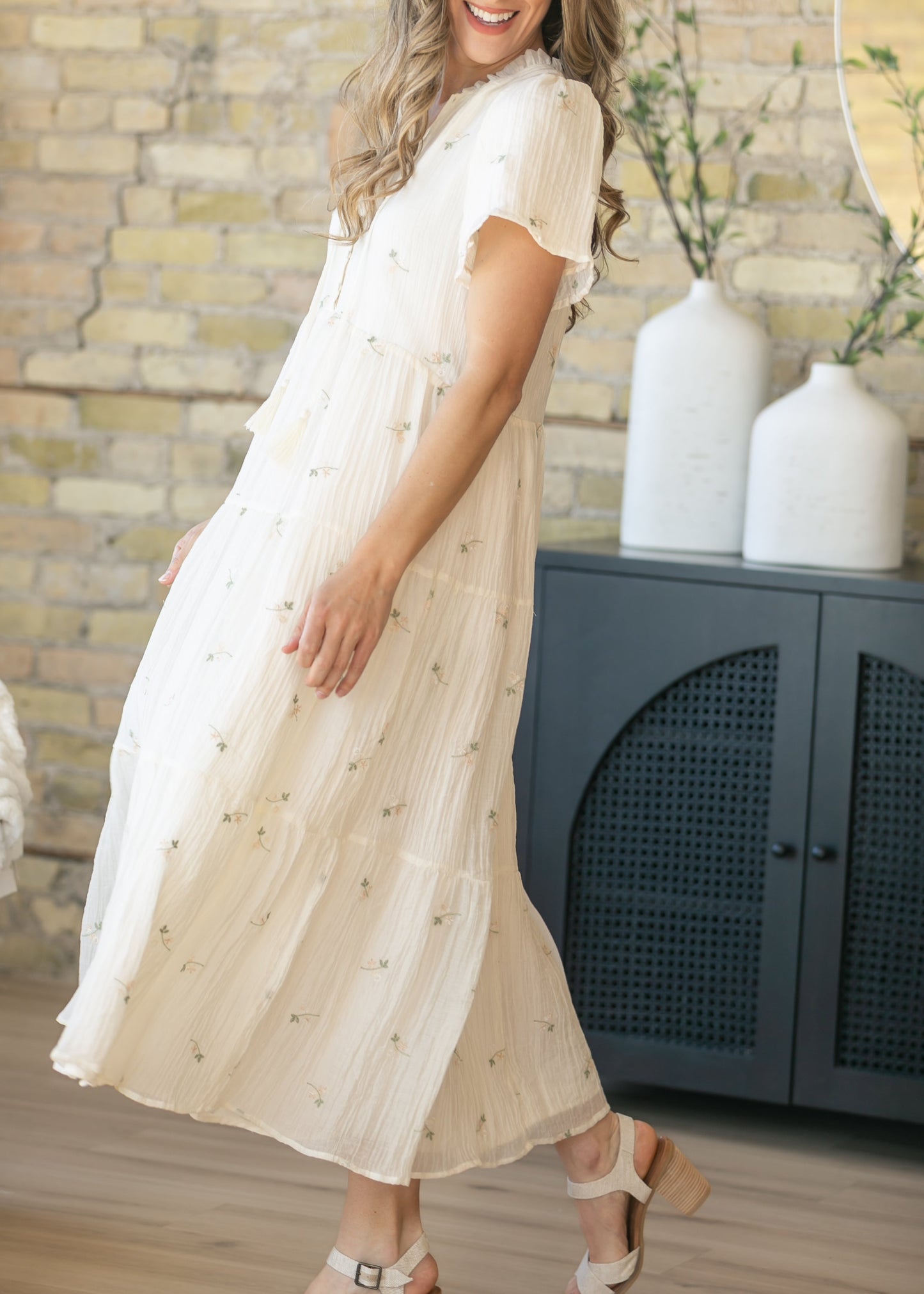 Floral Embroidered Button Front Maxi Dress