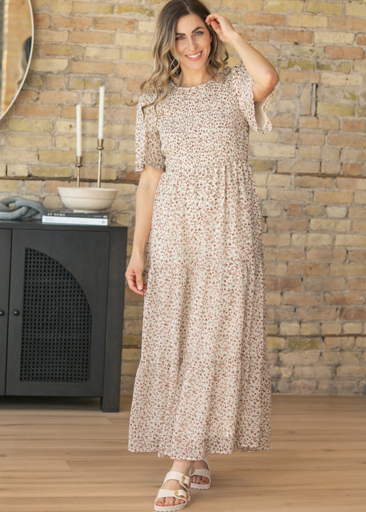 Floral Flutter Sleeve Tiered Maxi Dress