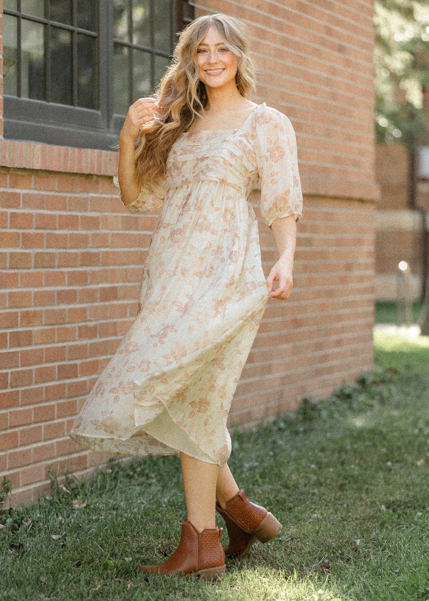 Floral Pleated Bodice Midi Dress