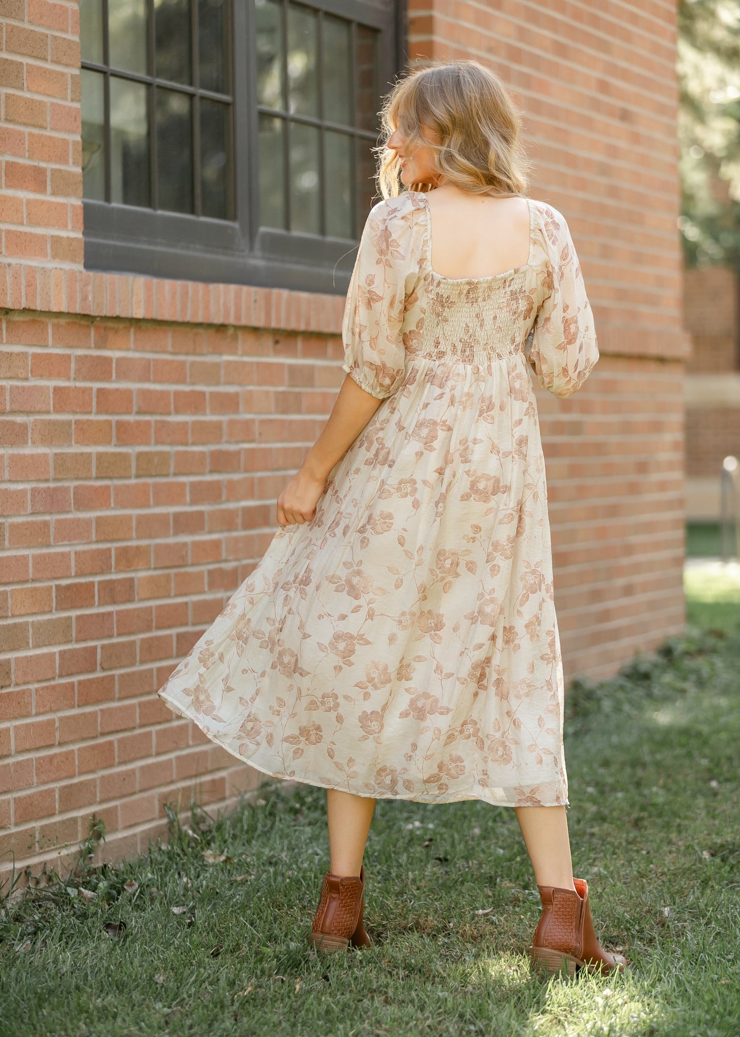 Floral Pleated Bodice Midi Dress