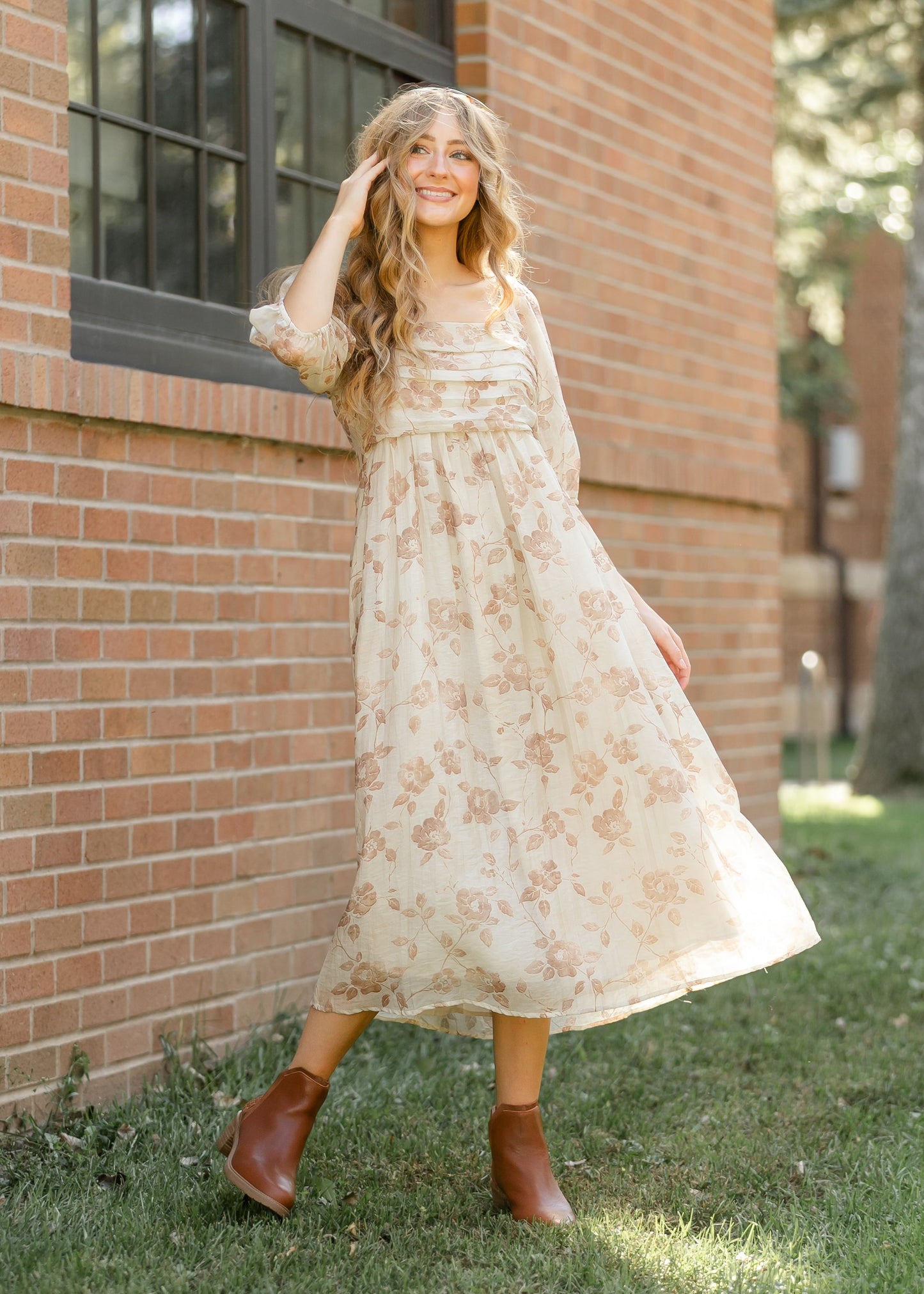 Floral Pleated Bodice Midi Dress