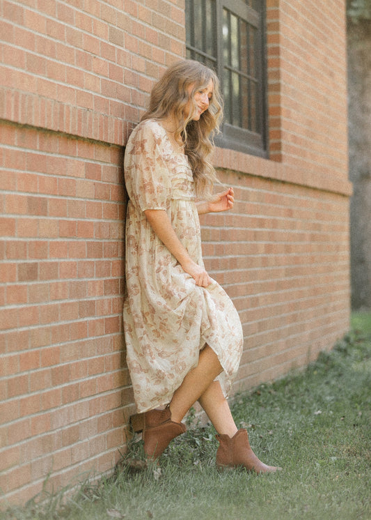 Floral Pleated Bodice Midi Dress