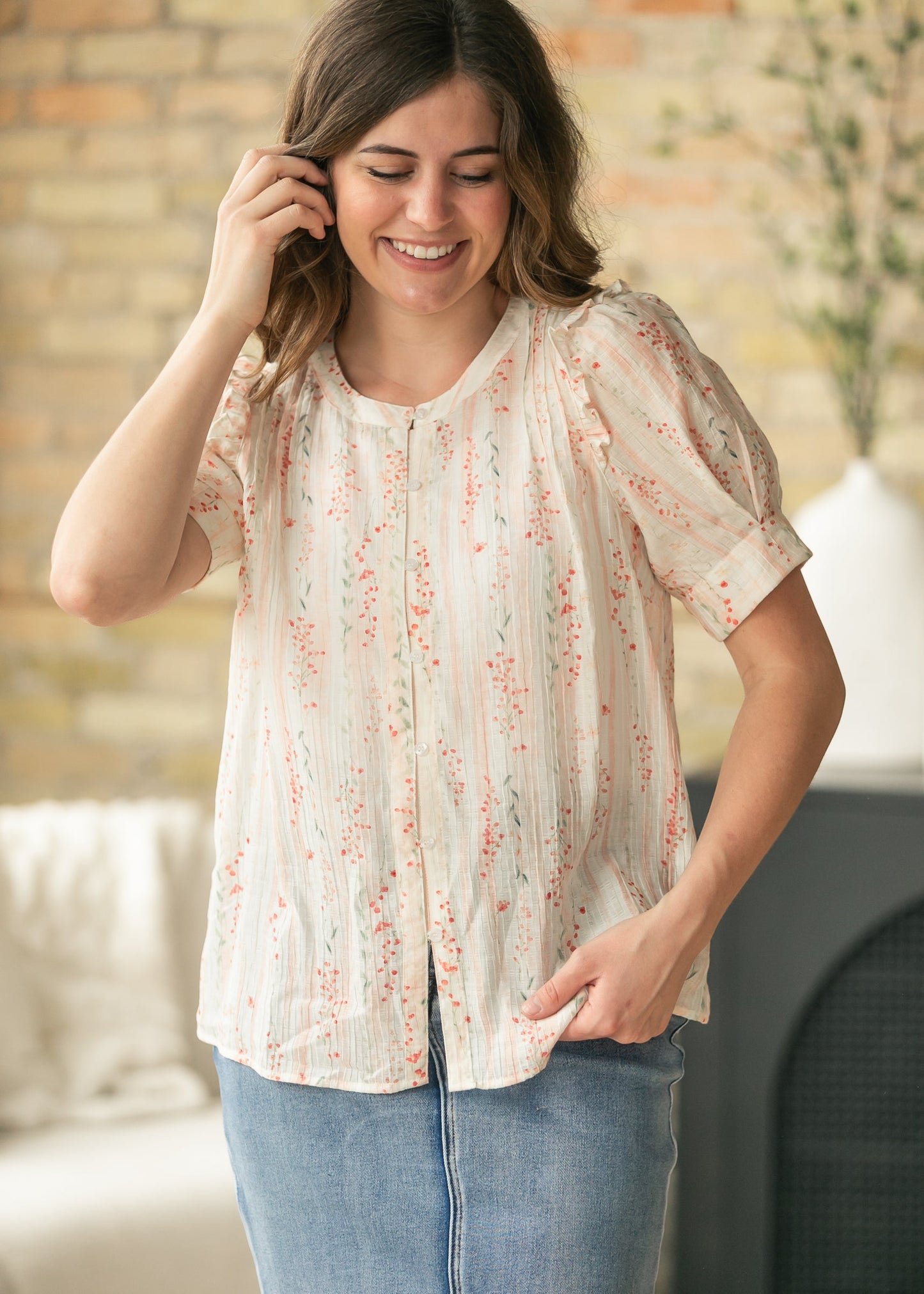 Floral Puff Sleeve Button Down Top