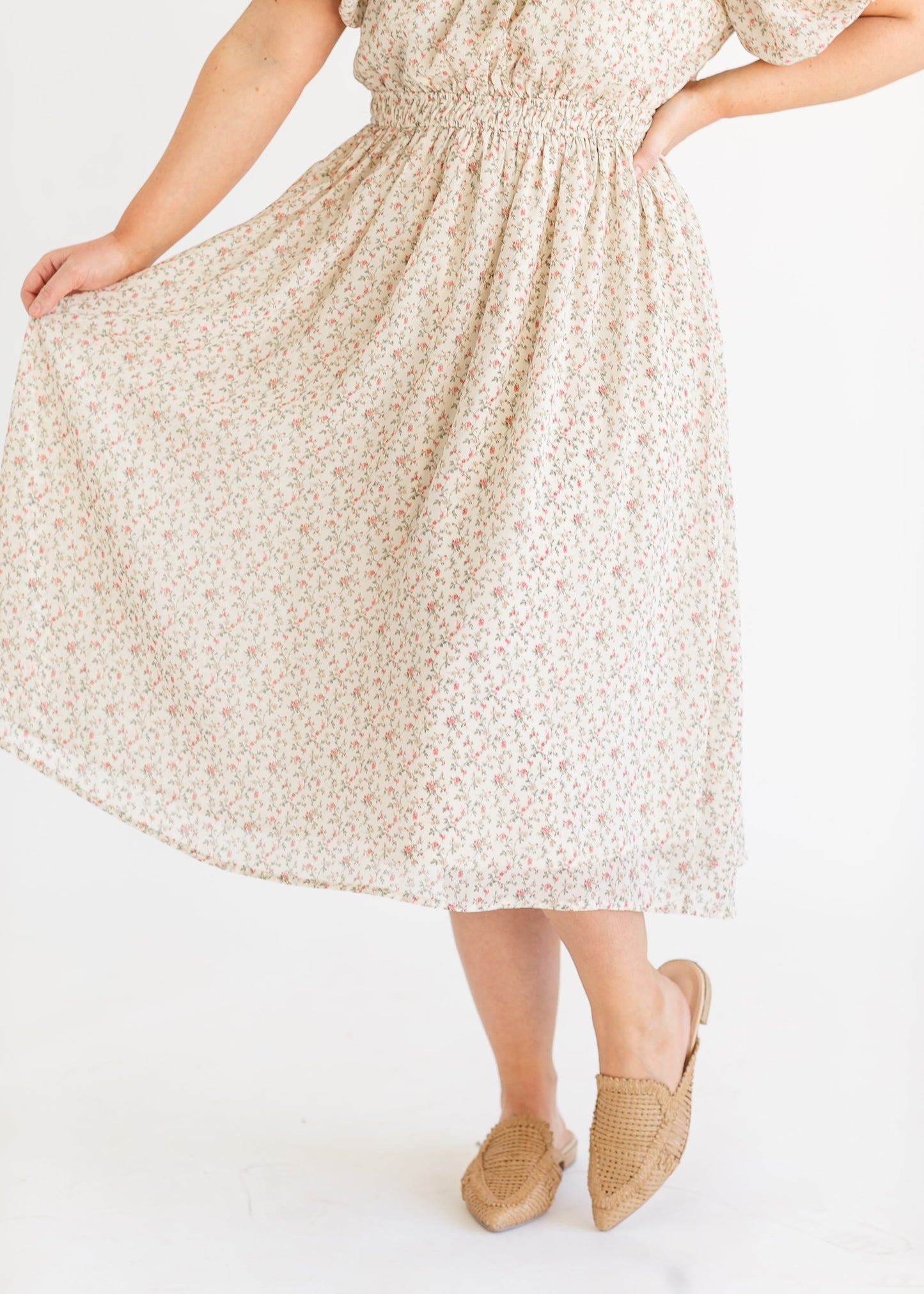 Floral Puff Sleeve Chiffon Midi Dress