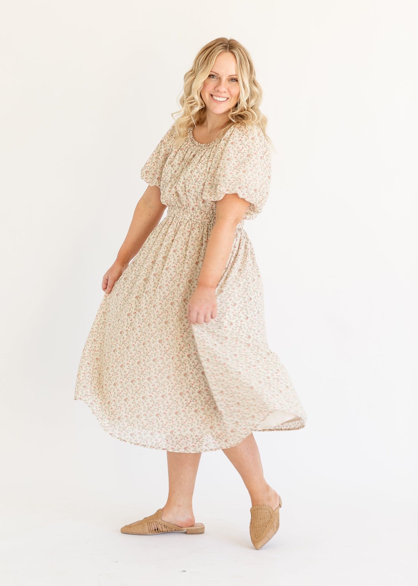 Floral Puff Sleeve Chiffon Midi Dress