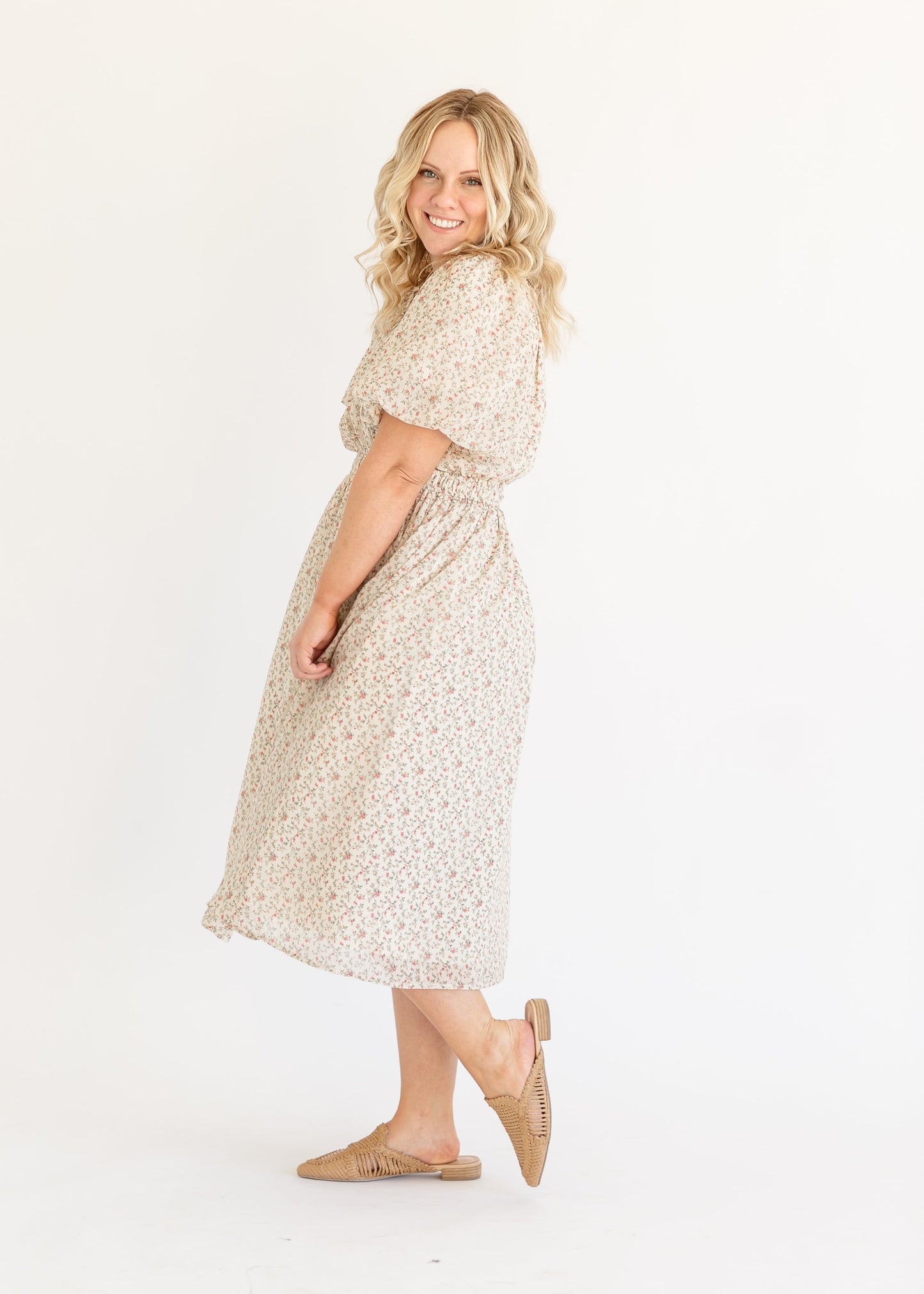 Floral Puff Sleeve Chiffon Midi Dress