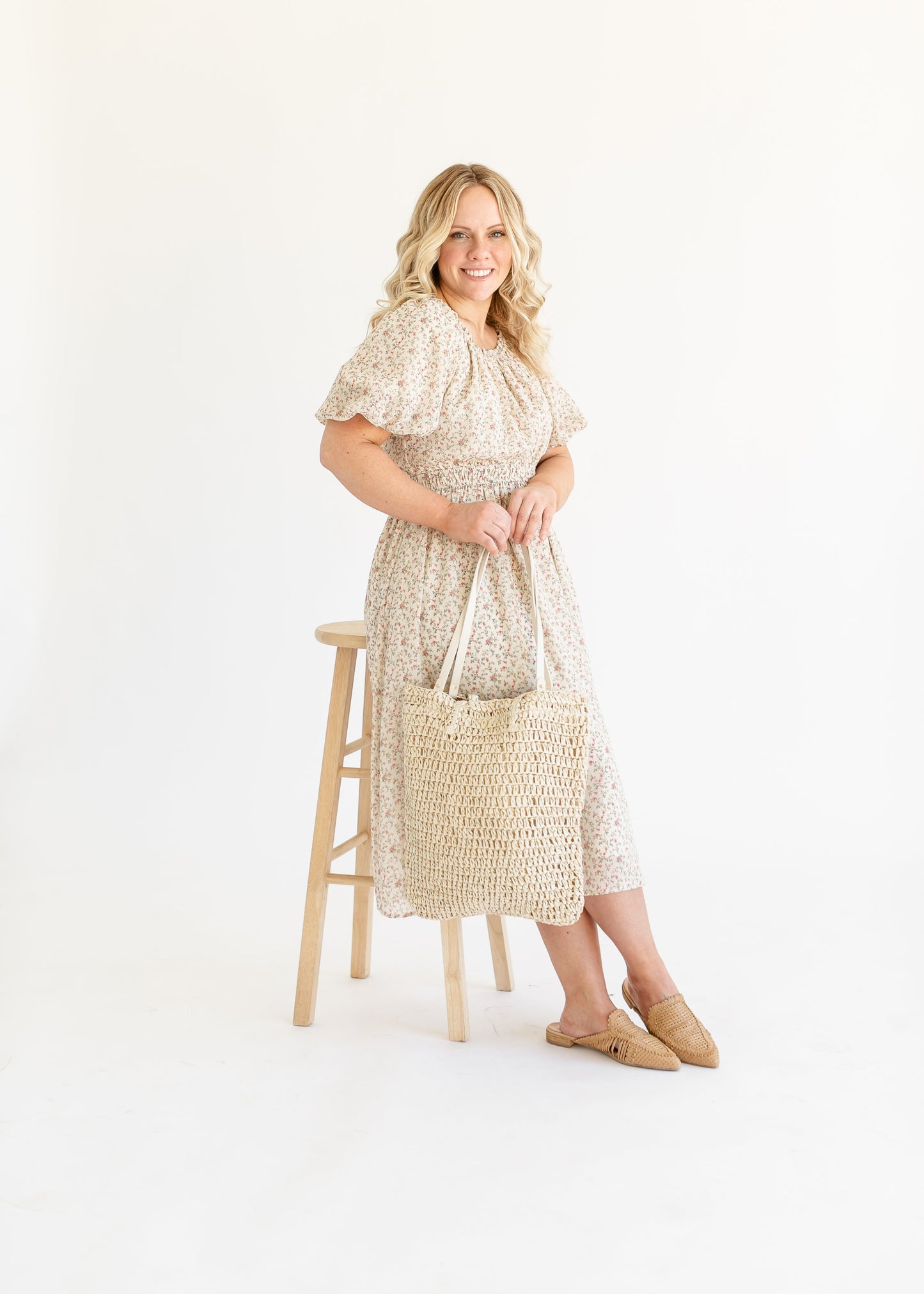 Floral Puff Sleeve Chiffon Midi Dress