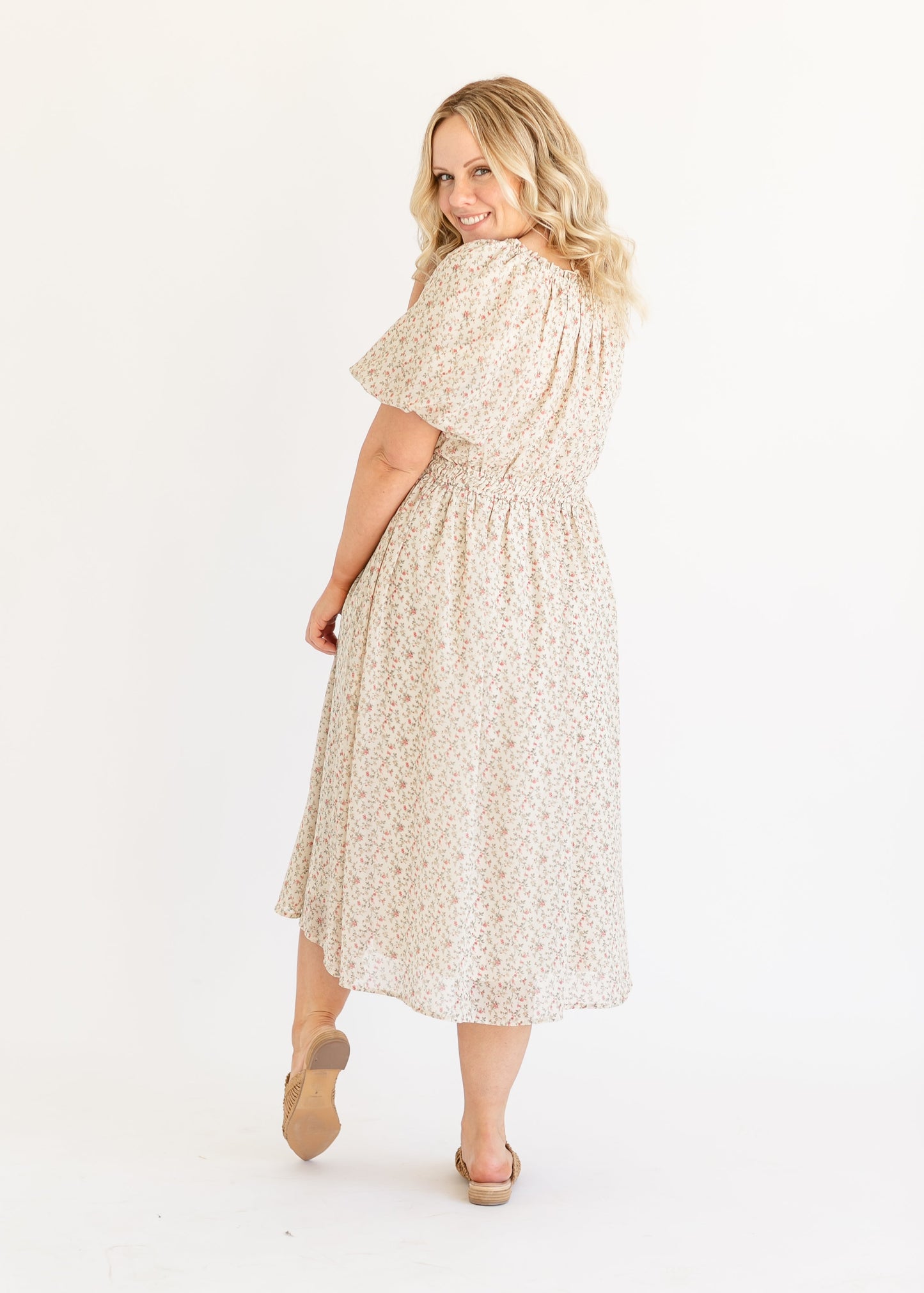 Floral Puff Sleeve Chiffon Midi Dress