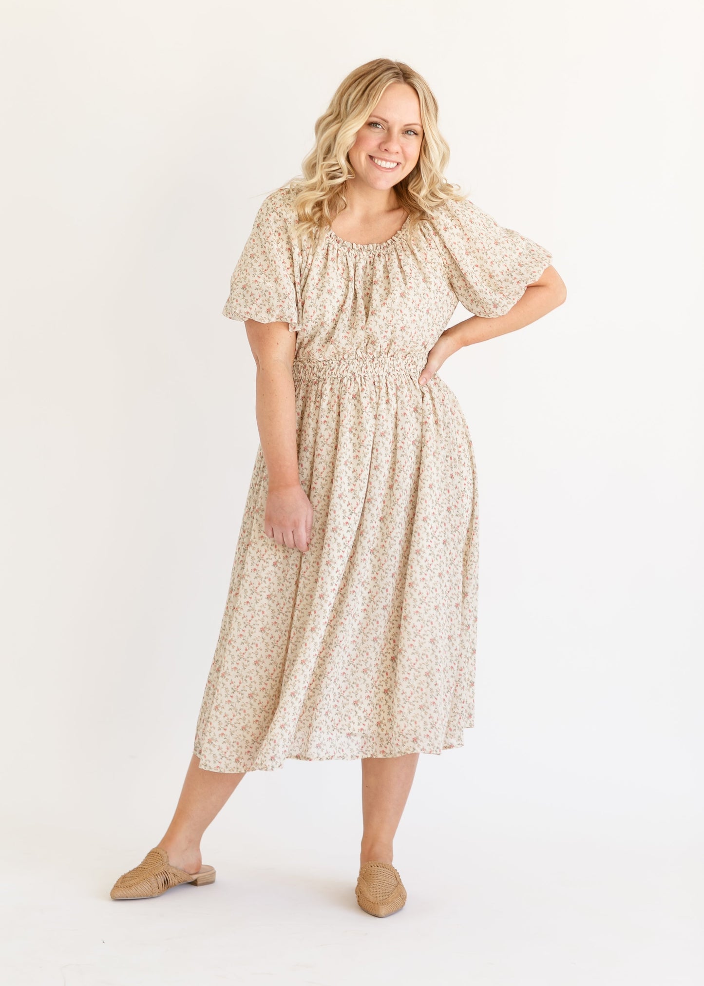 Floral Puff Sleeve Chiffon Midi Dress