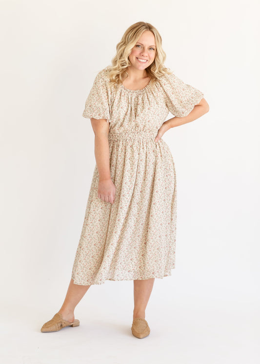 Floral Puff Sleeve Chiffon Midi Dress