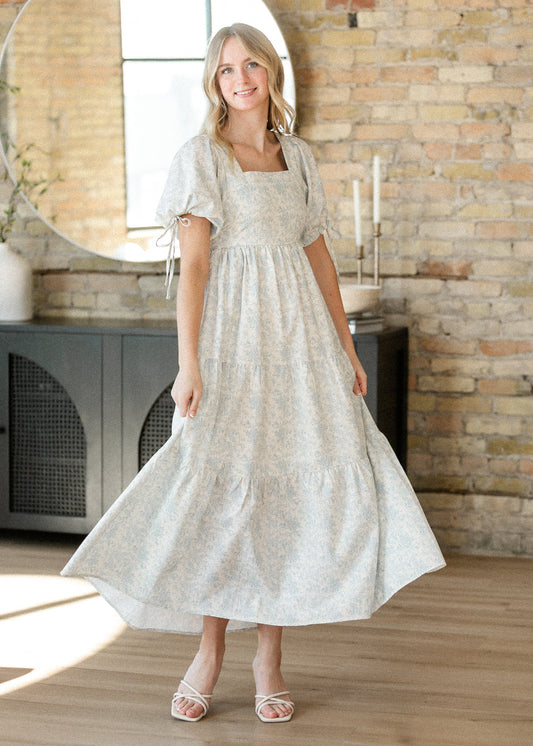 Floral Square Neck Tie Sleeve Maxi Dress