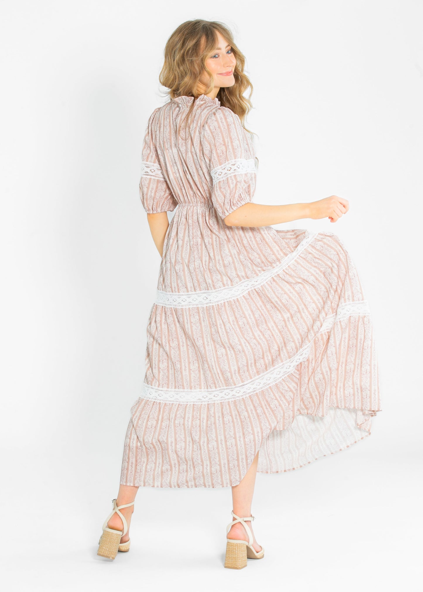 Floral Striped Eyelet Lace Smocked Maxi Dress - FINAL SALE