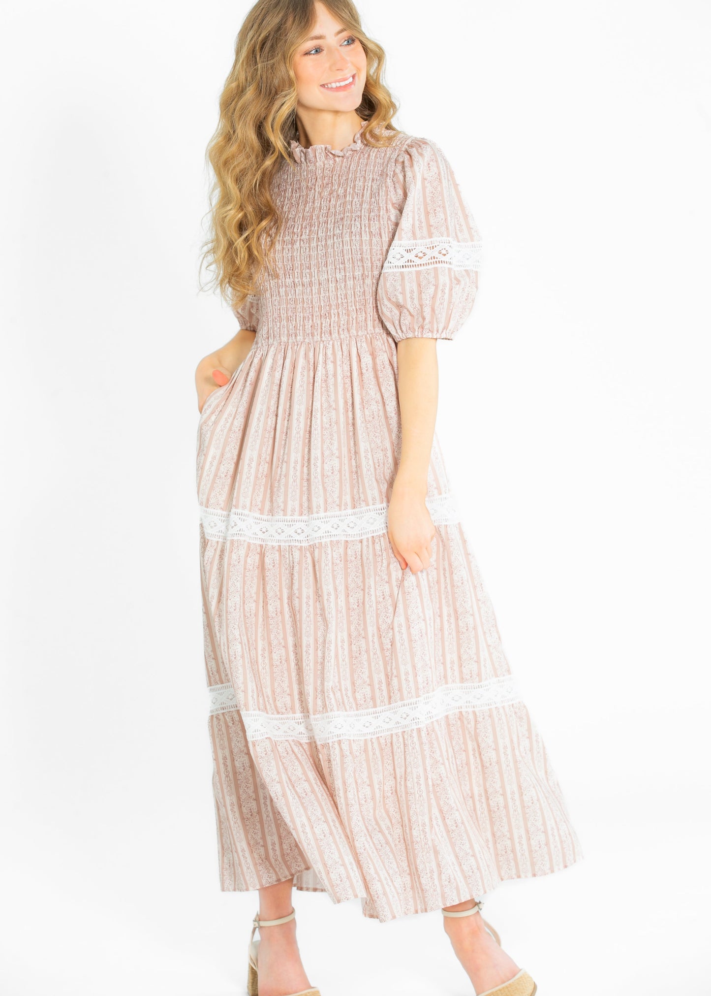 Floral Striped Eyelet Lace Smocked Maxi Dress - FINAL SALE