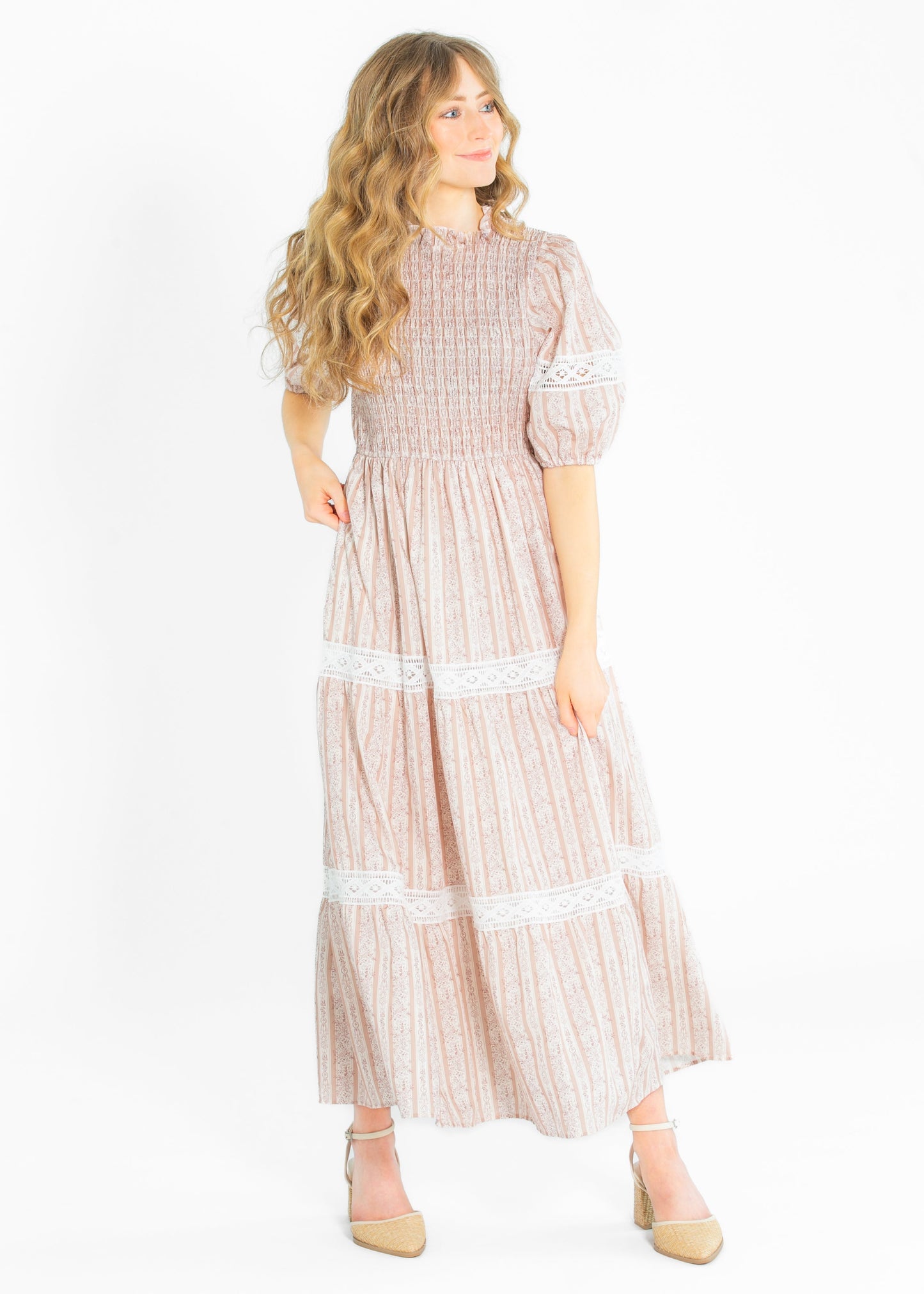 Floral Striped Eyelet Lace Smocked Maxi Dress - FINAL SALE