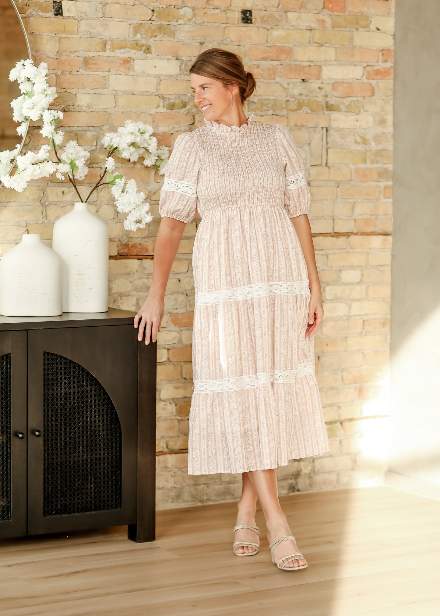 Floral Striped Eyelet Lace Smocked Maxi Dress - FINAL SALE
