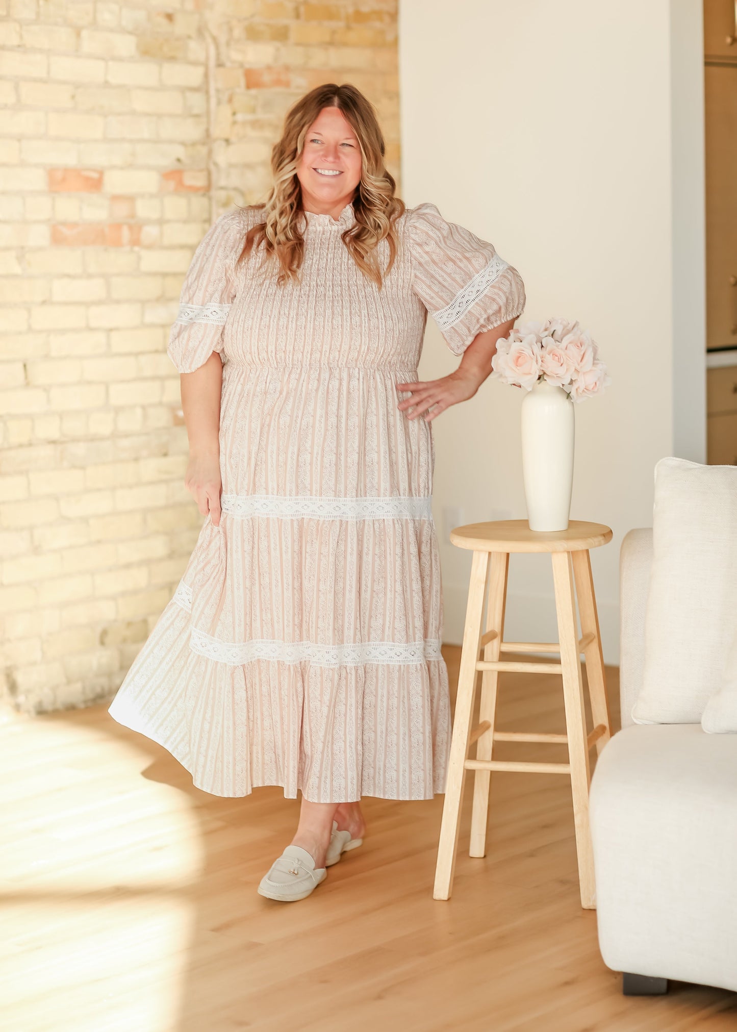 Floral Striped Eyelet Lace Smocked Maxi Dress - FINAL SALE