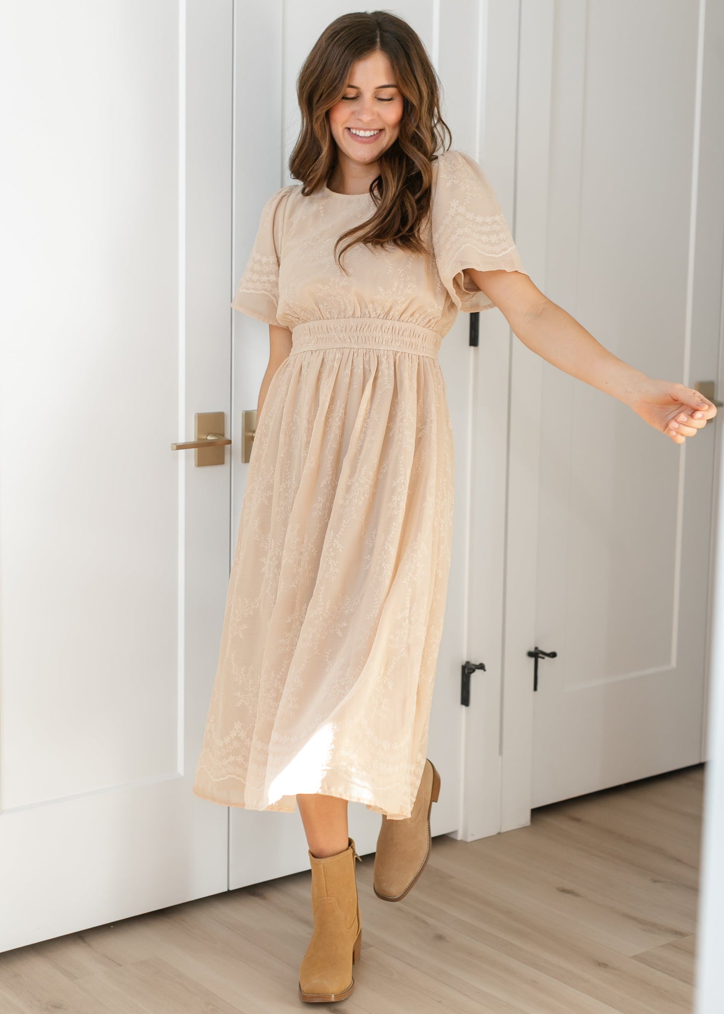 Flutter Sleeve Floral Embroidered Midi Dress