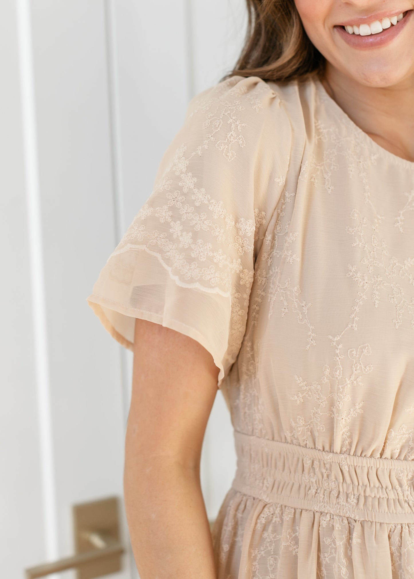 Flutter Sleeve Floral Embroidered Midi Dress