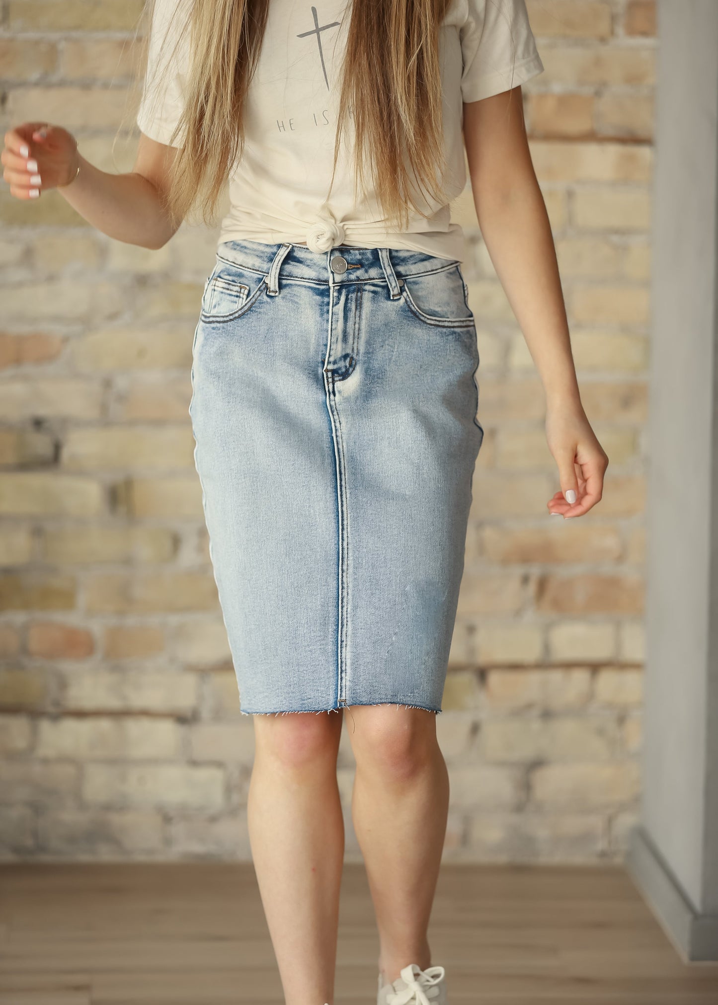 Frankie Light Wash Raw Hem Midi Skirt