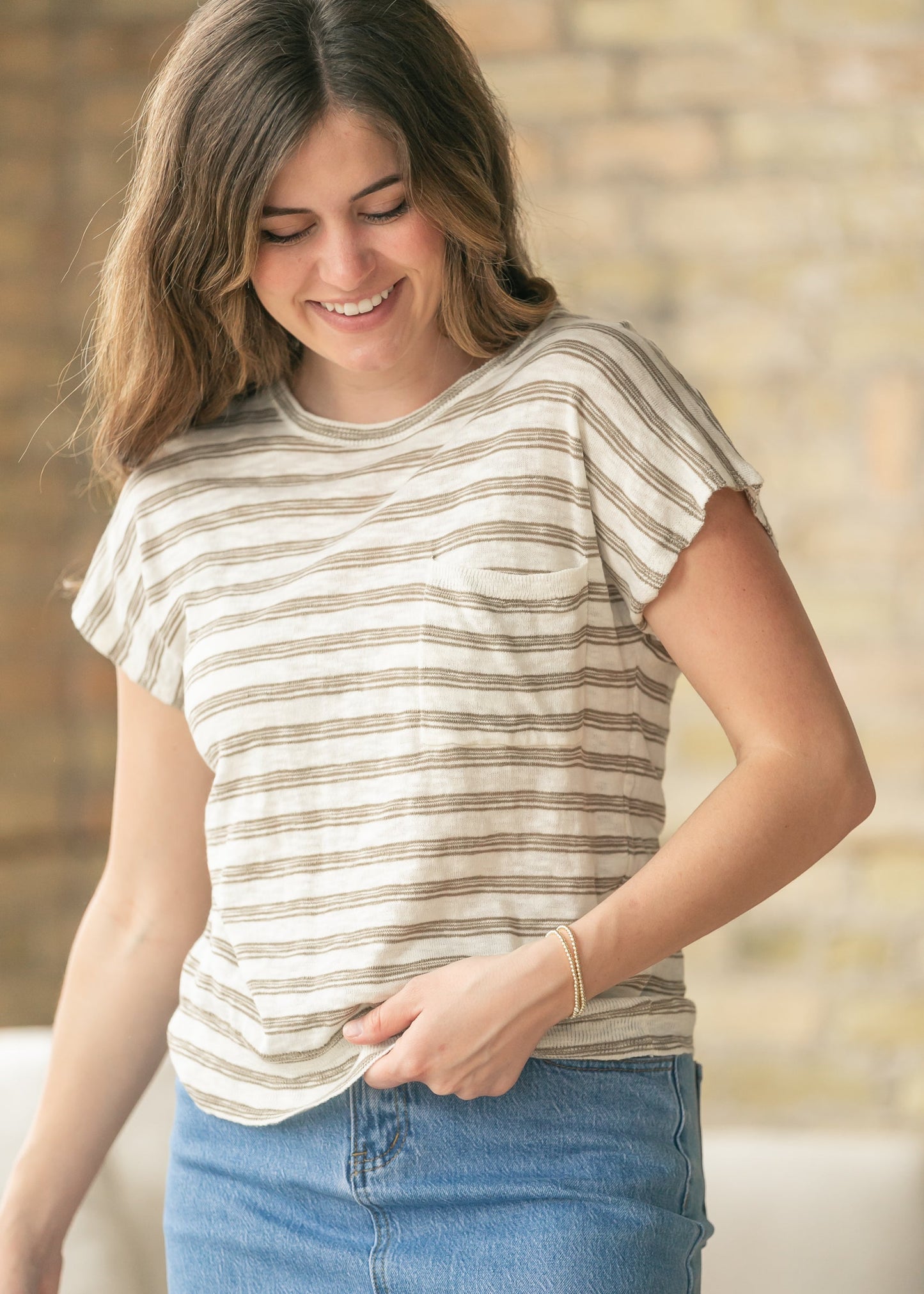 Front Pocket Stripe Cap Sleeve Top