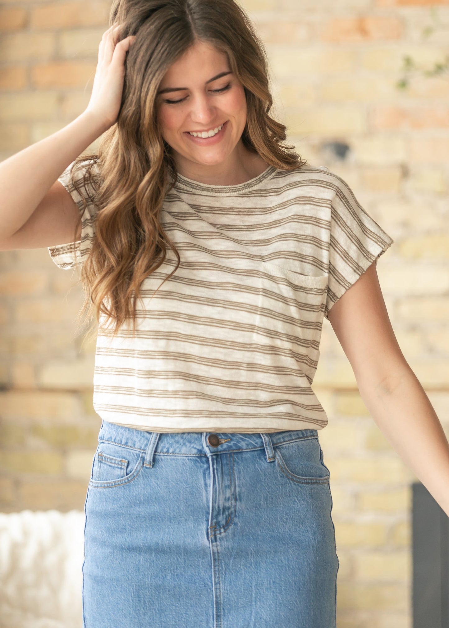 Front Pocket Stripe Cap Sleeve Top