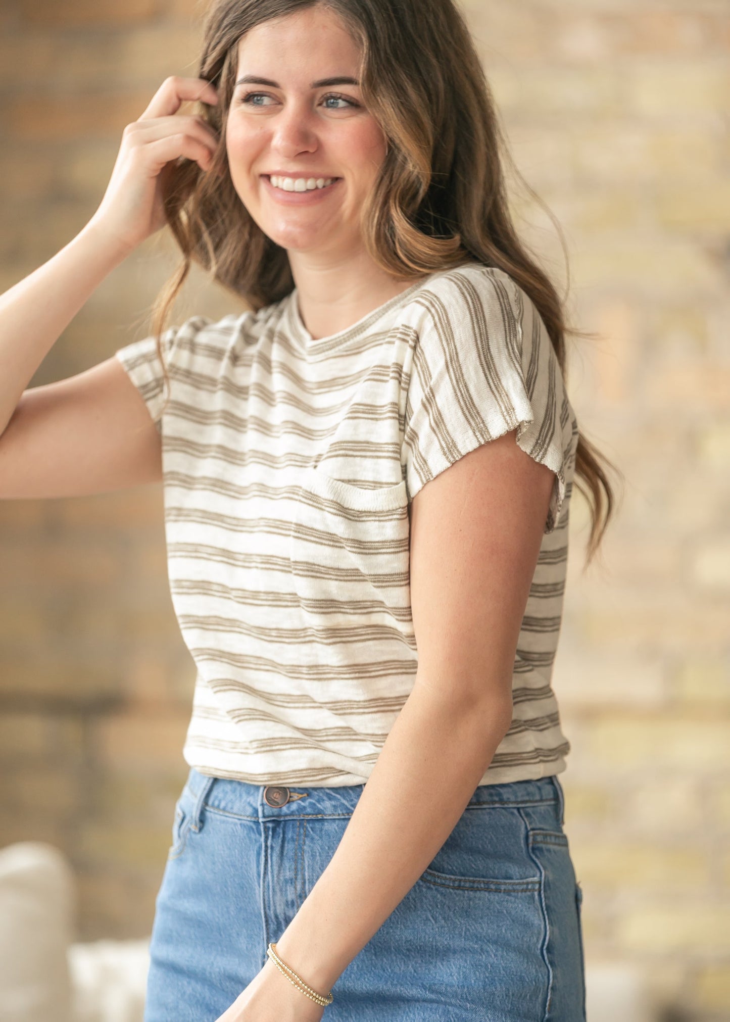 Front Pocket Stripe Cap Sleeve Top