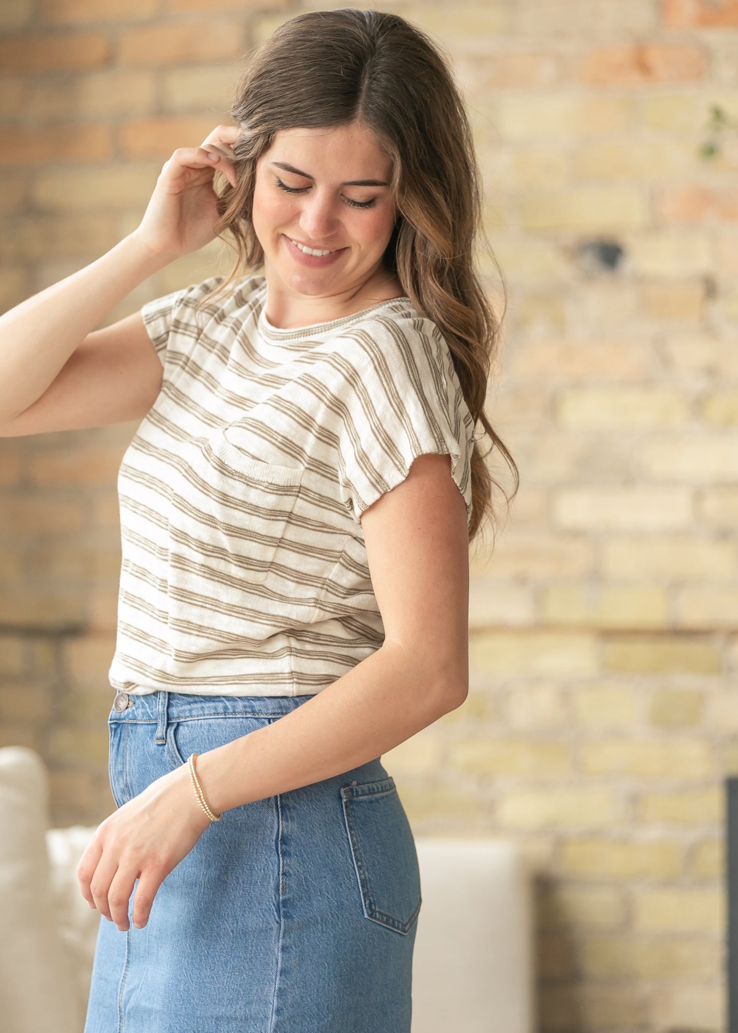 Front Pocket Stripe Cap Sleeve Top
