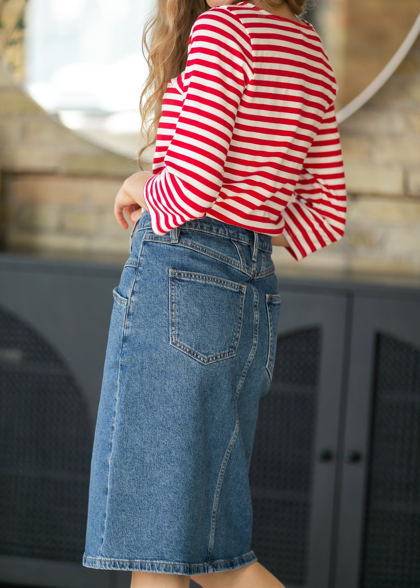 Front Yoke High-Rise Denim Midi Skirt