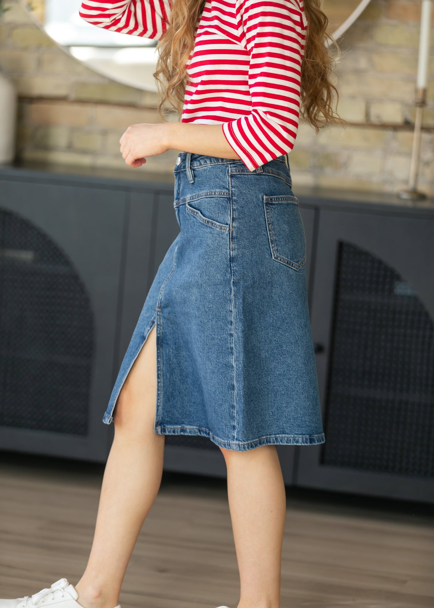Front Yoke High-Rise Denim Midi Skirt