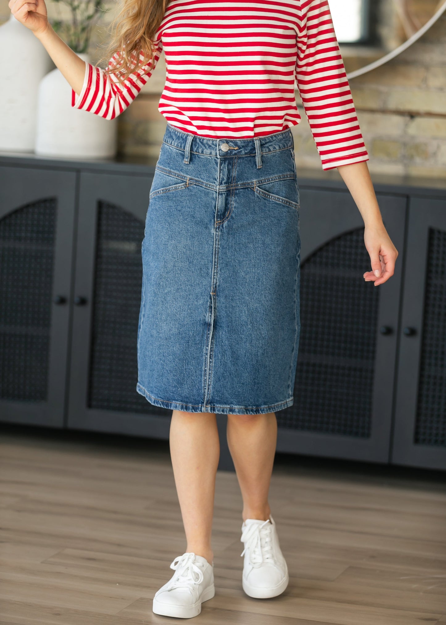 Front Yoke High-Rise Denim Midi Skirt