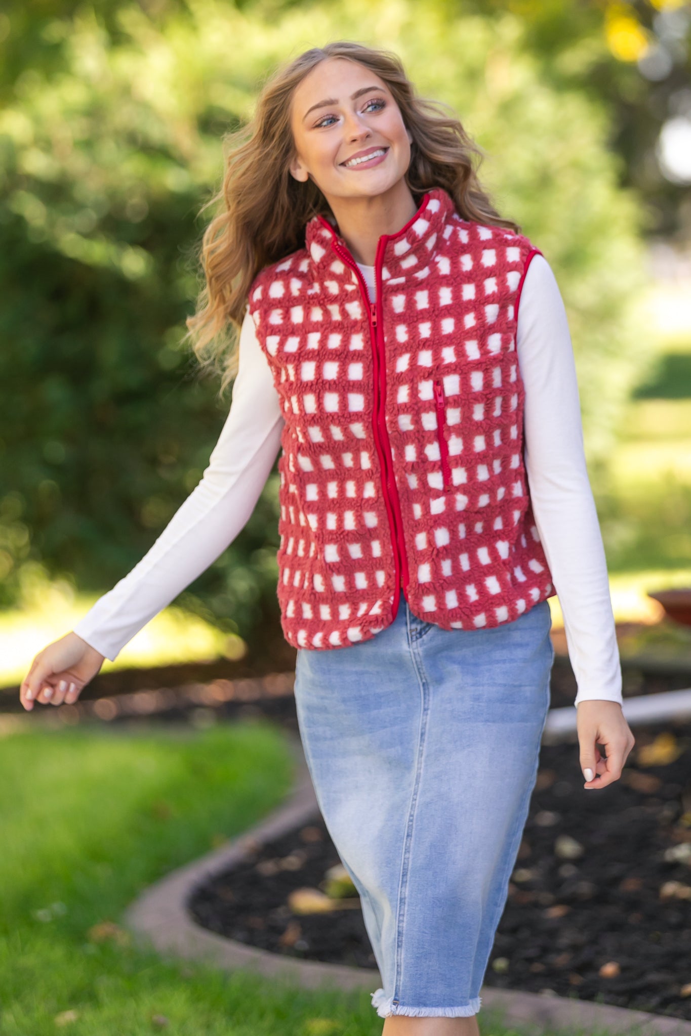 Fuzzy Checkered Zip Vest - FINAL SALE
