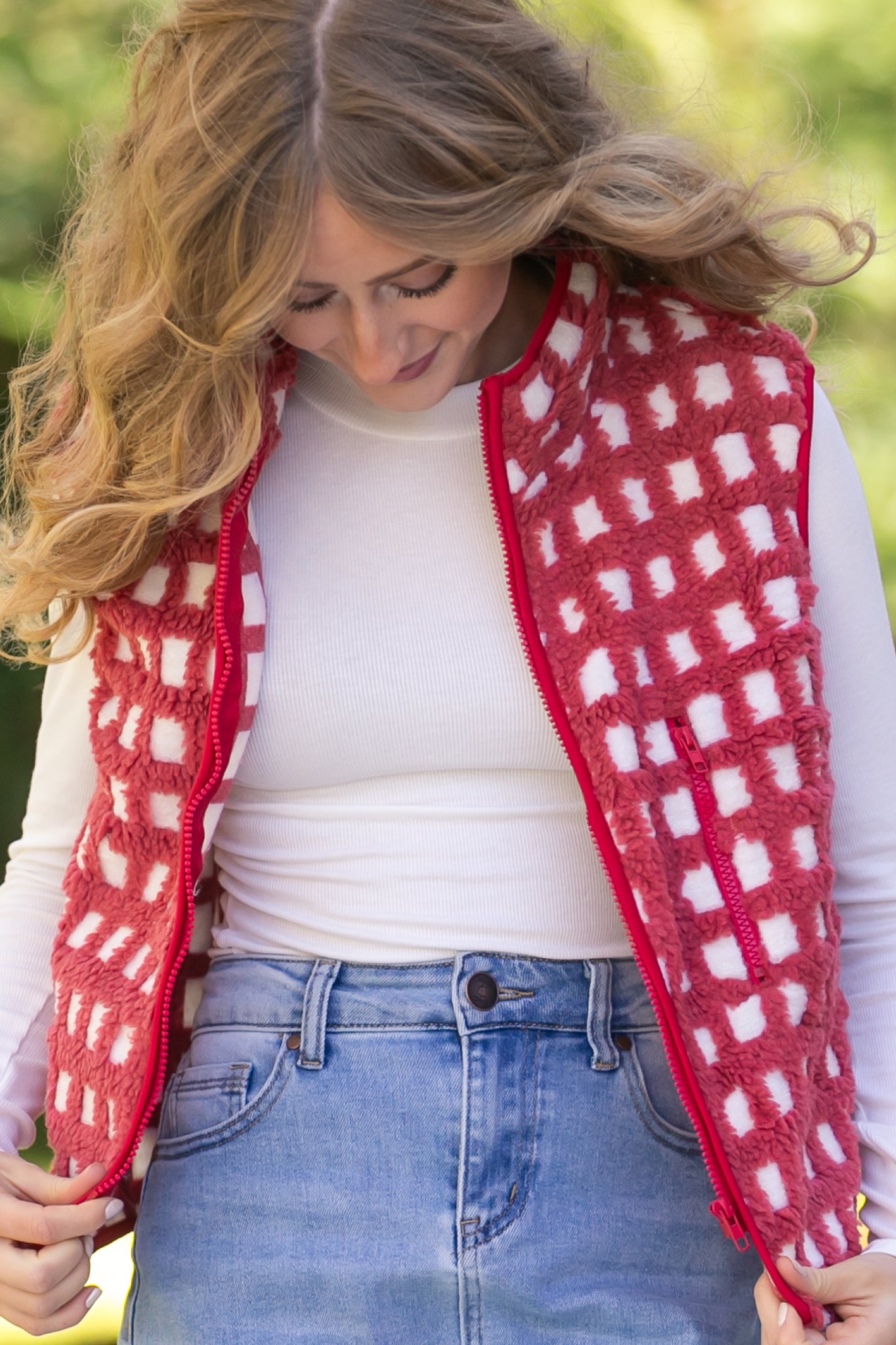 Fuzzy Checkered Zip Vest - FINAL SALE