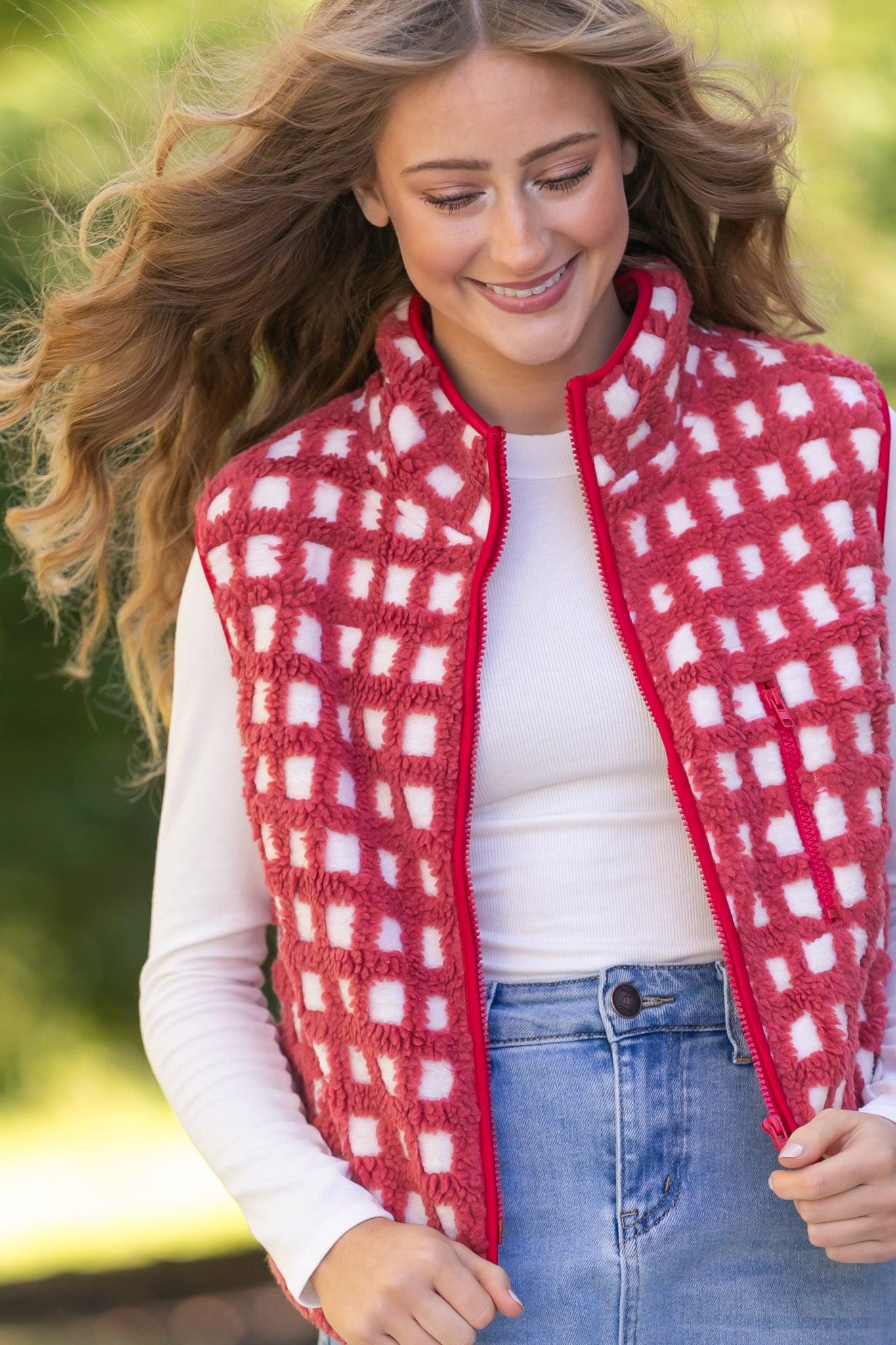 Fuzzy Checkered Zip Vest - FINAL SALE