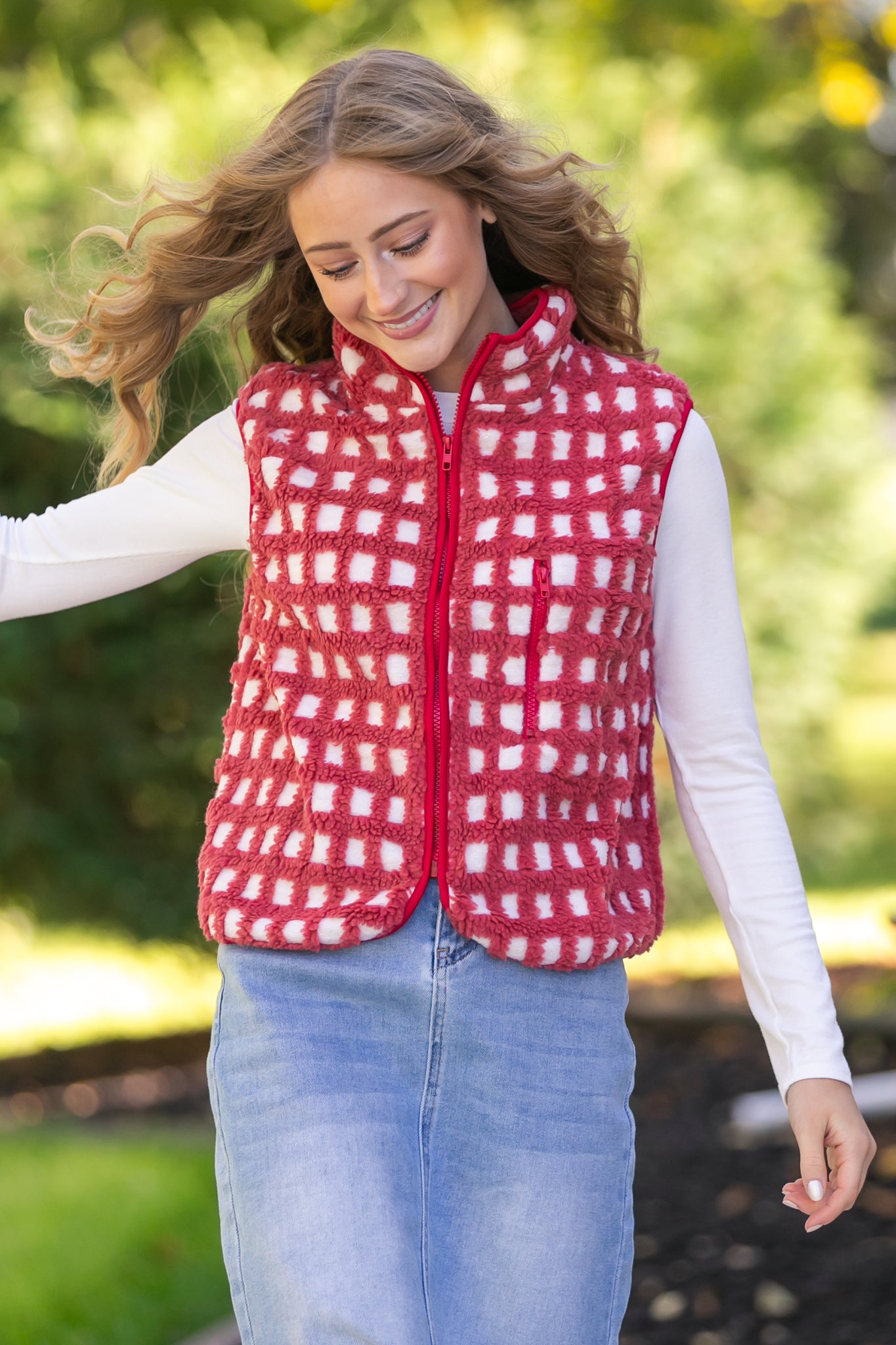 Fuzzy Checkered Zip Vest - FINAL SALE