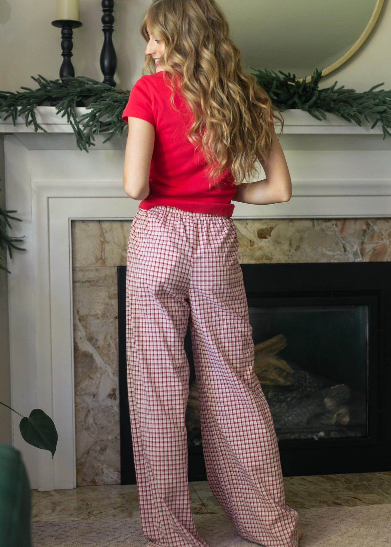 Gingham Elastic Waist Pants
