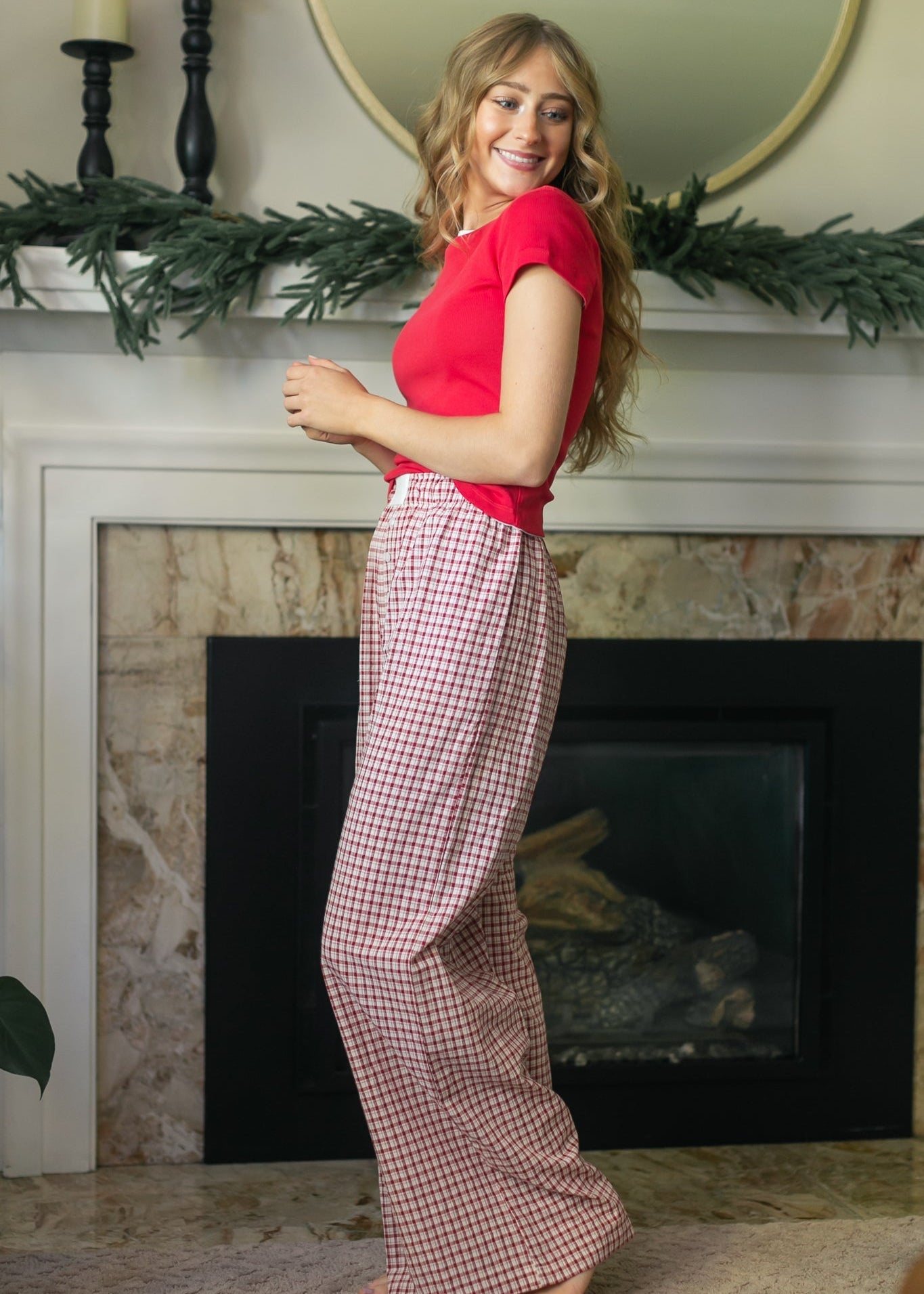 Gingham Elastic Waist Pants