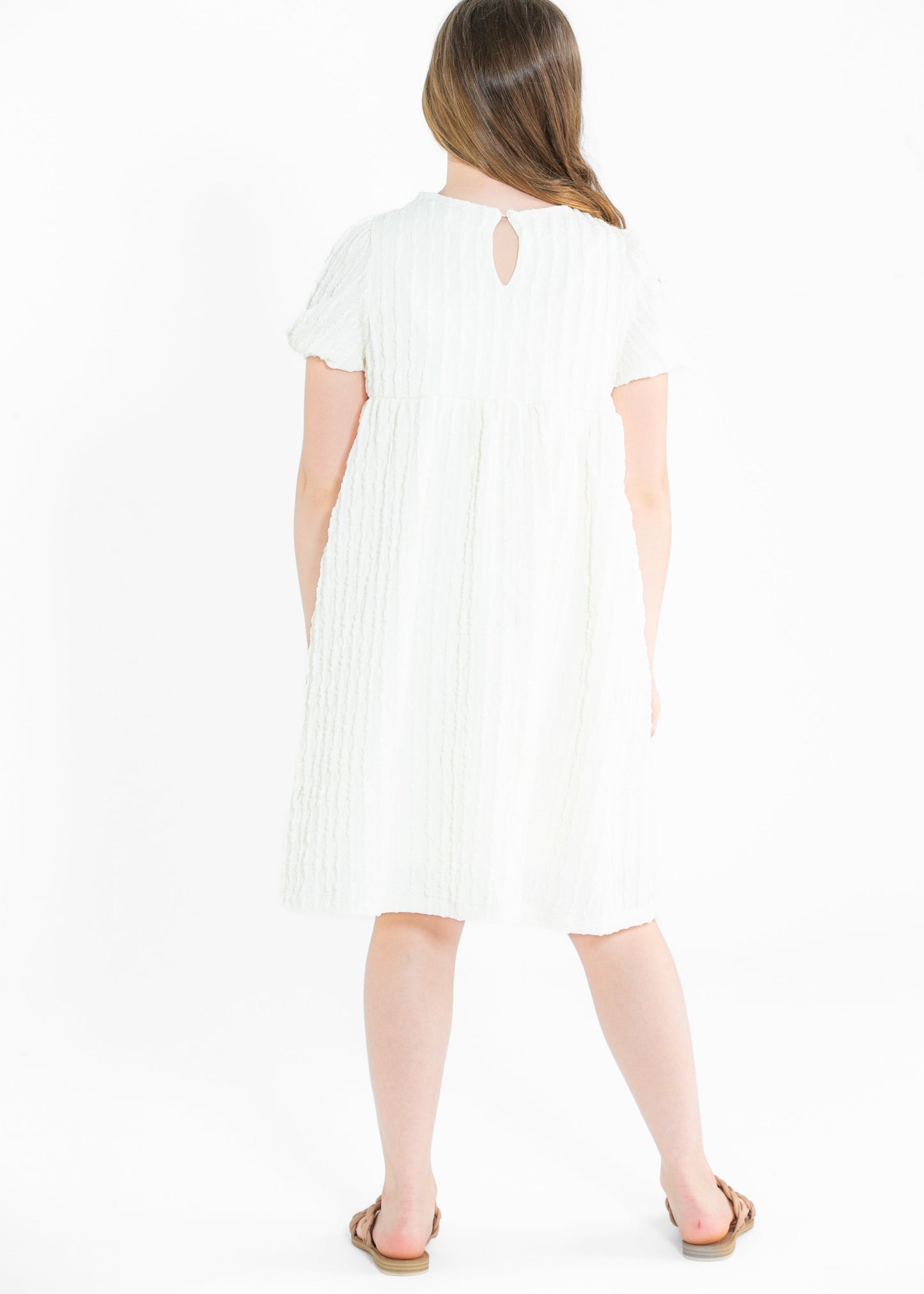 Girls Cream Textured Short Sleeve Dress - FINAL SALE