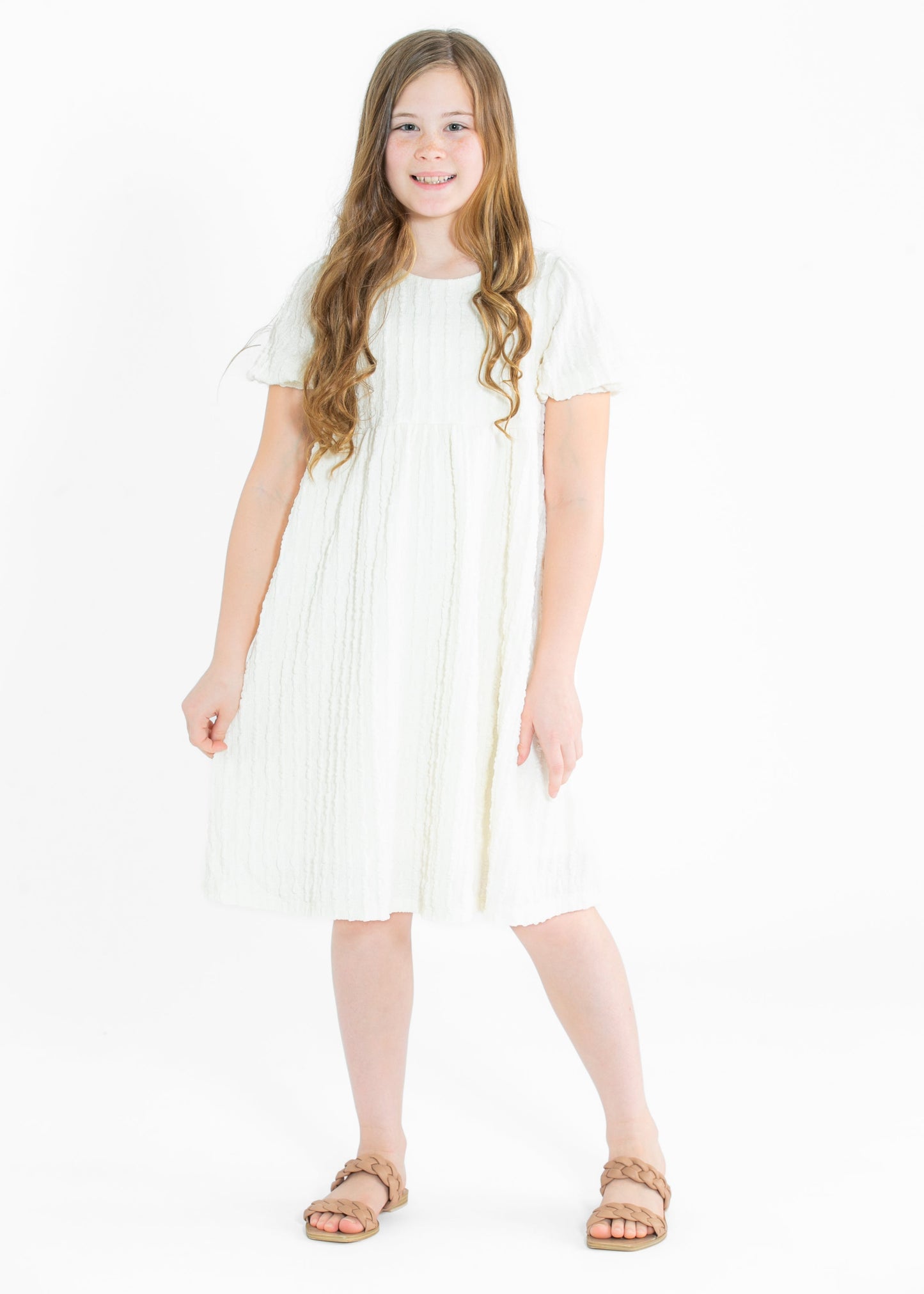 Girls Cream Textured Short Sleeve Dress - FINAL SALE