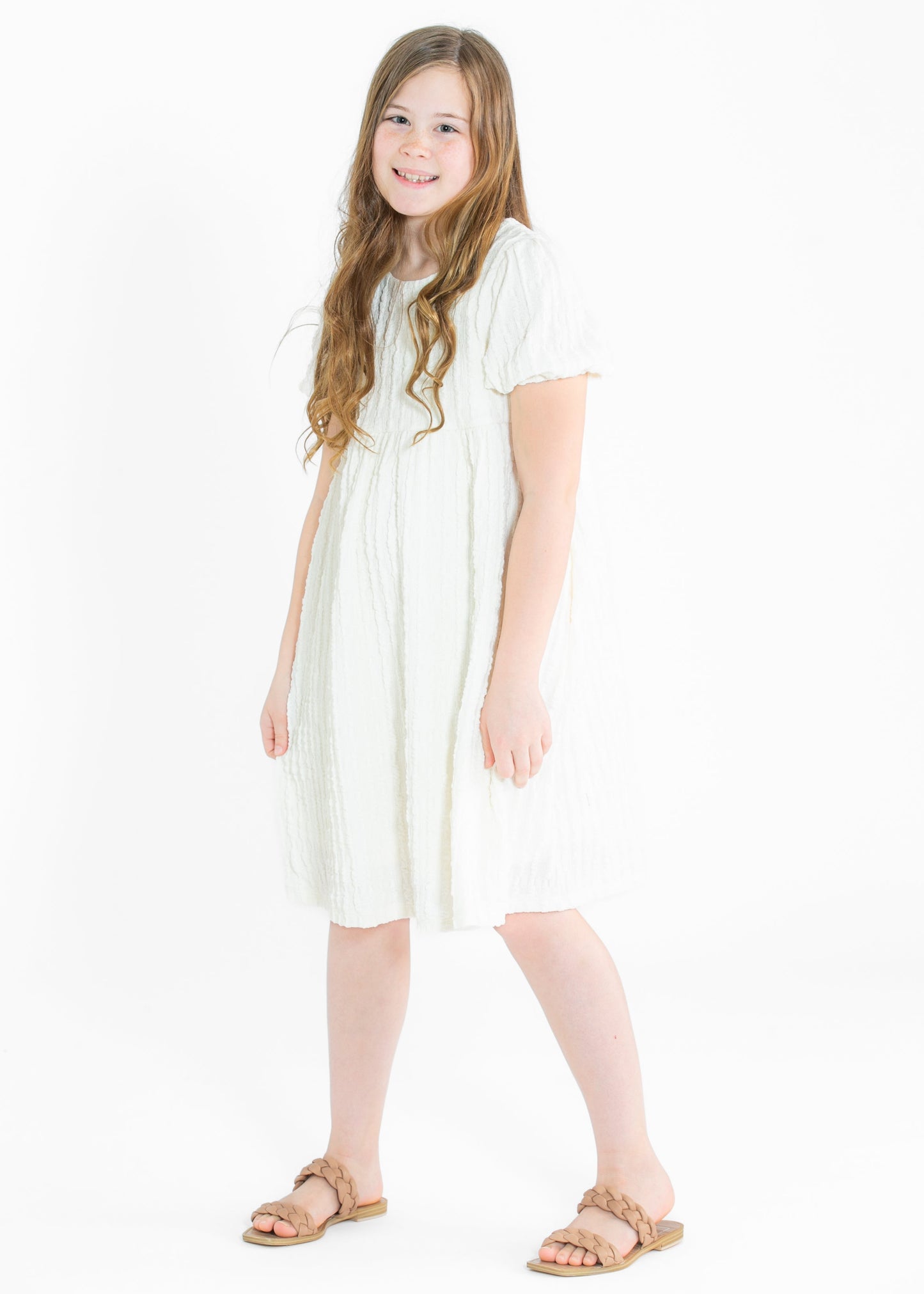 Girls Cream Textured Short Sleeve Dress - FINAL SALE