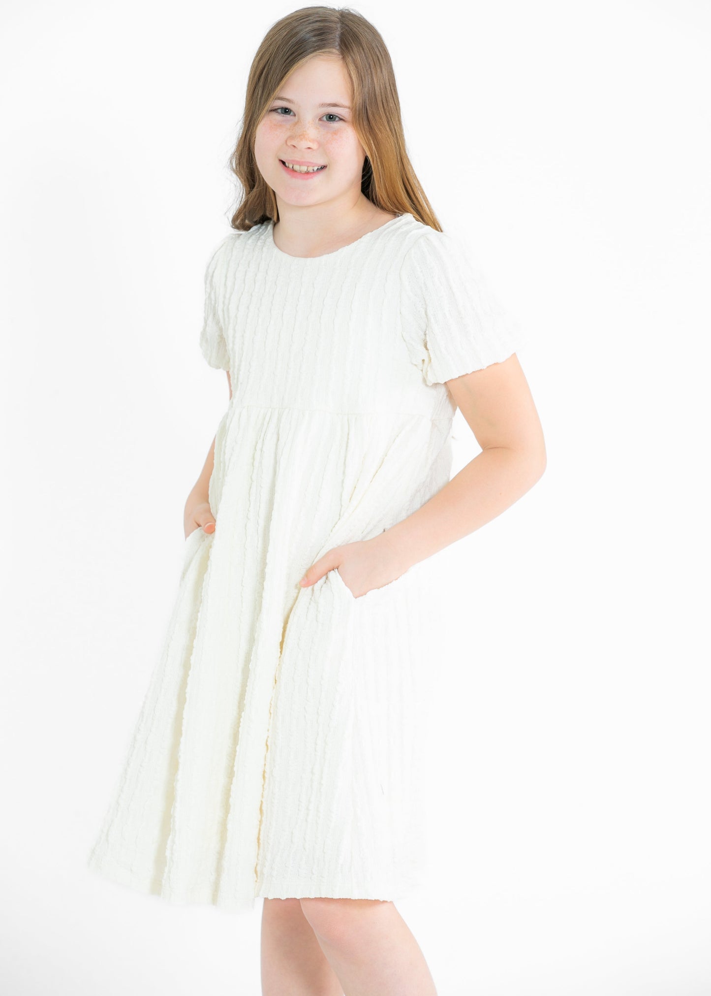 Girls Cream Textured Short Sleeve Dress - FINAL SALE