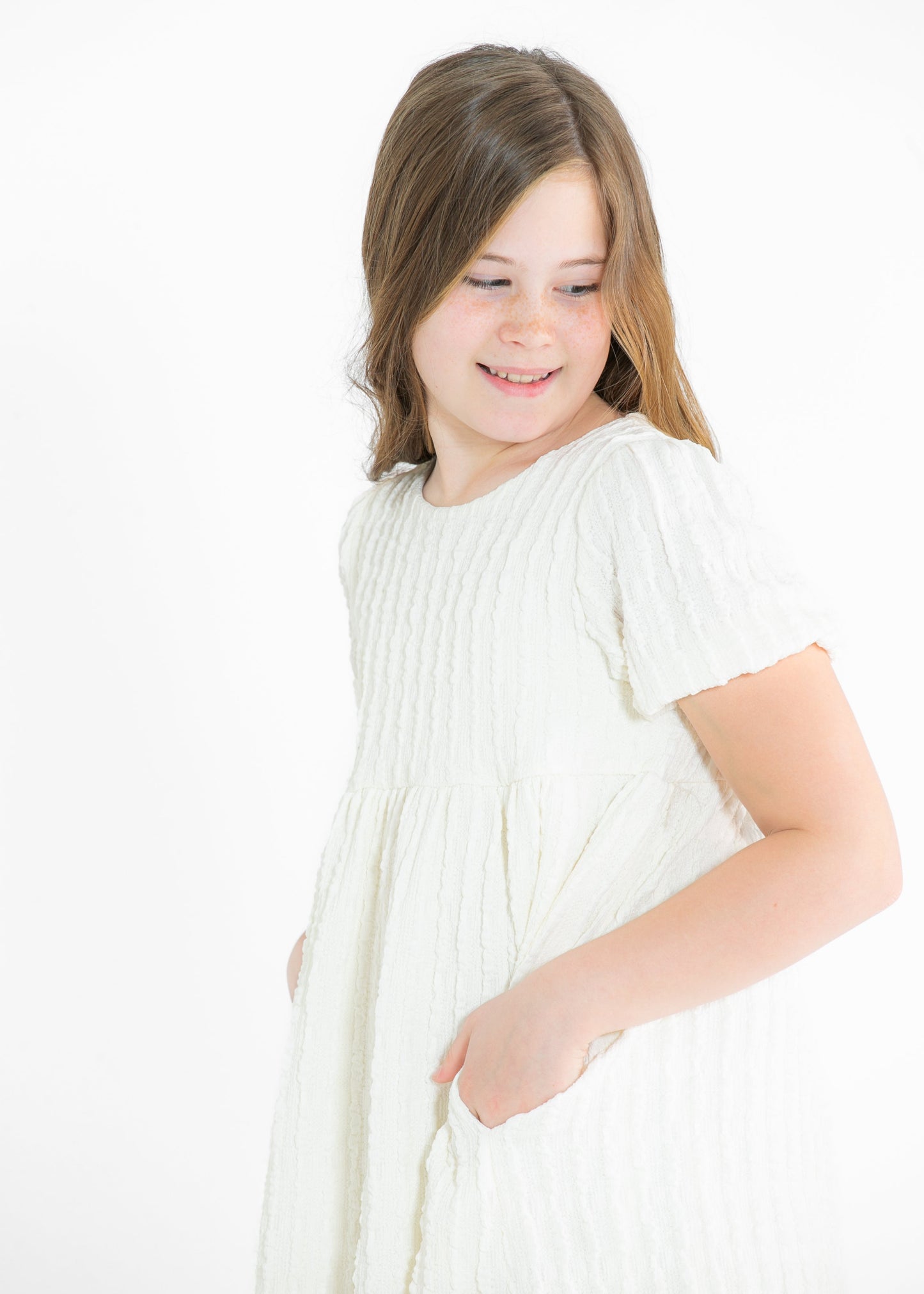 Girls Cream Textured Short Sleeve Dress - FINAL SALE