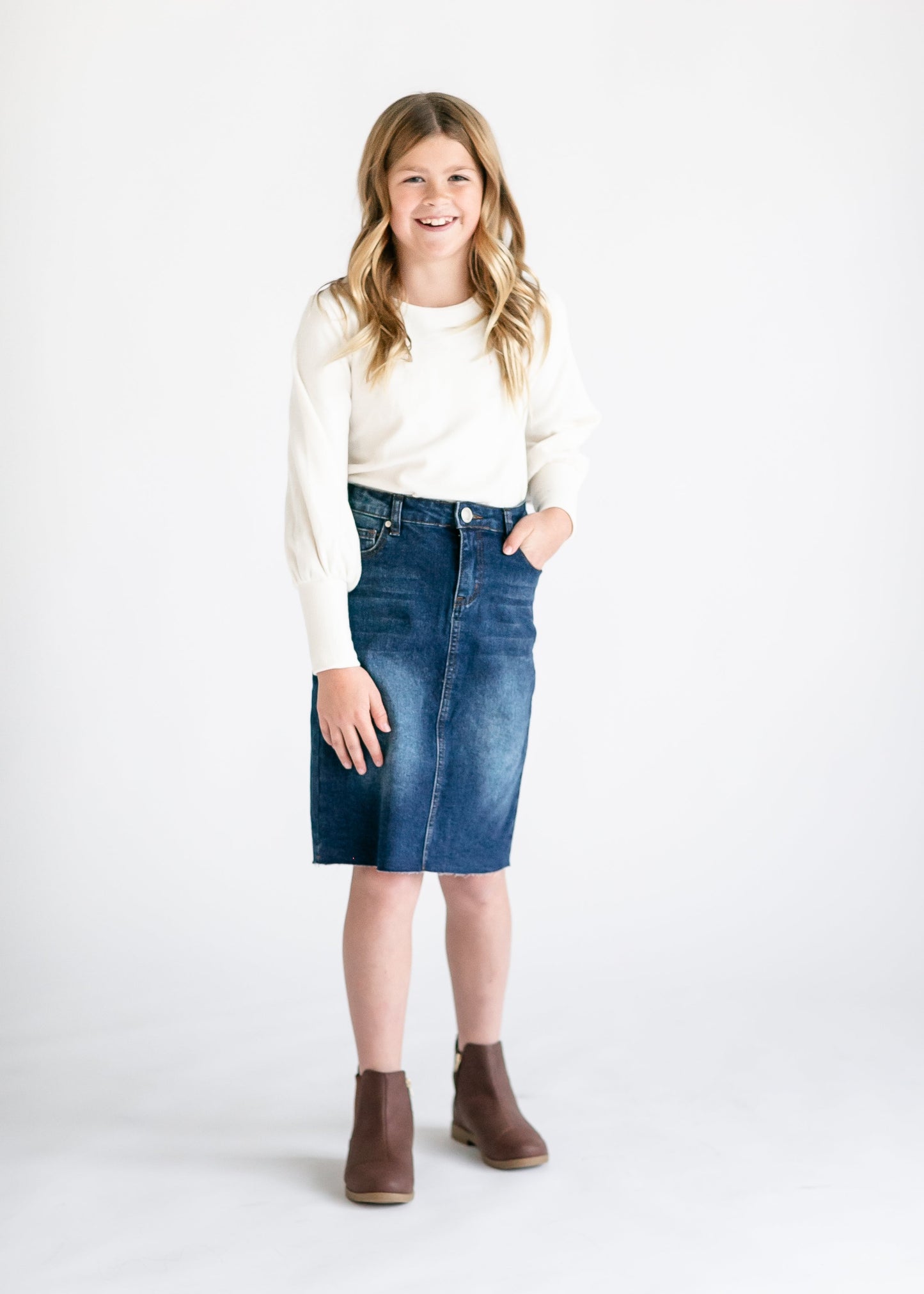 Girls Remi Raw Hem Denim Midi Skirt - FINAL SALE