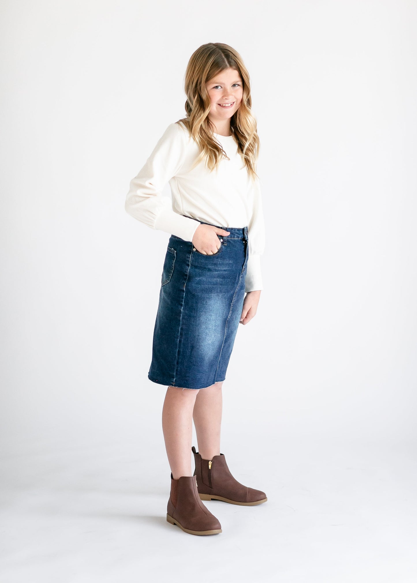 Girls Remi Raw Hem Denim Midi Skirt - FINAL SALE