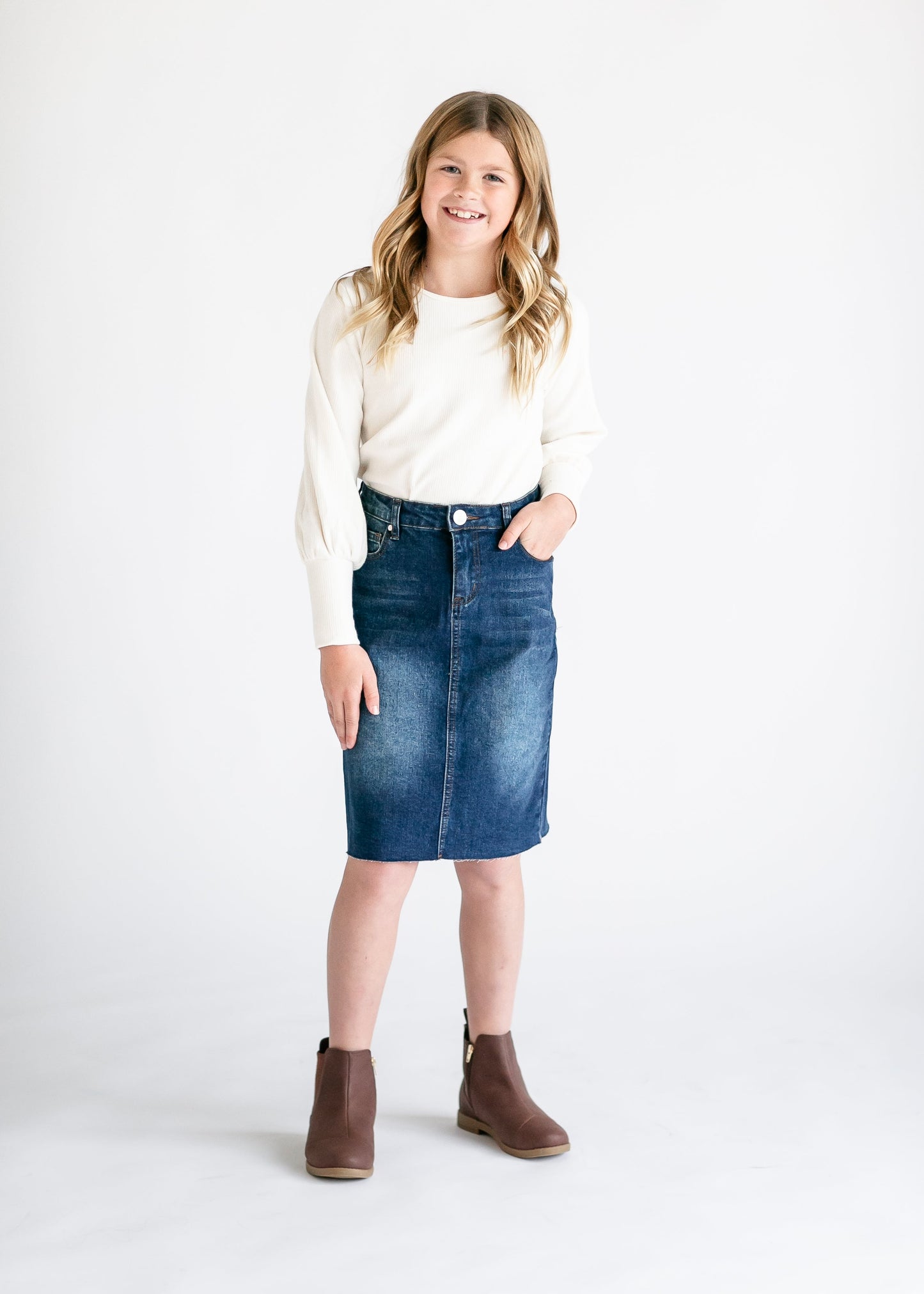 Girls Remi Raw Hem Denim Midi Skirt - FINAL SALE