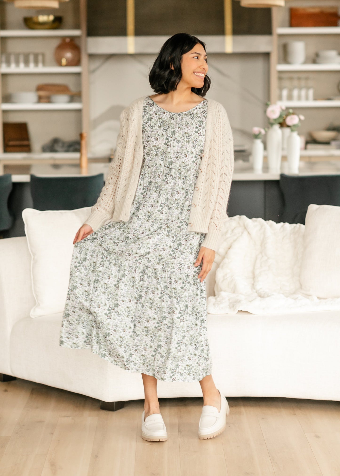 Green Floral Boat Neck Midi Dress - FINAL SALE