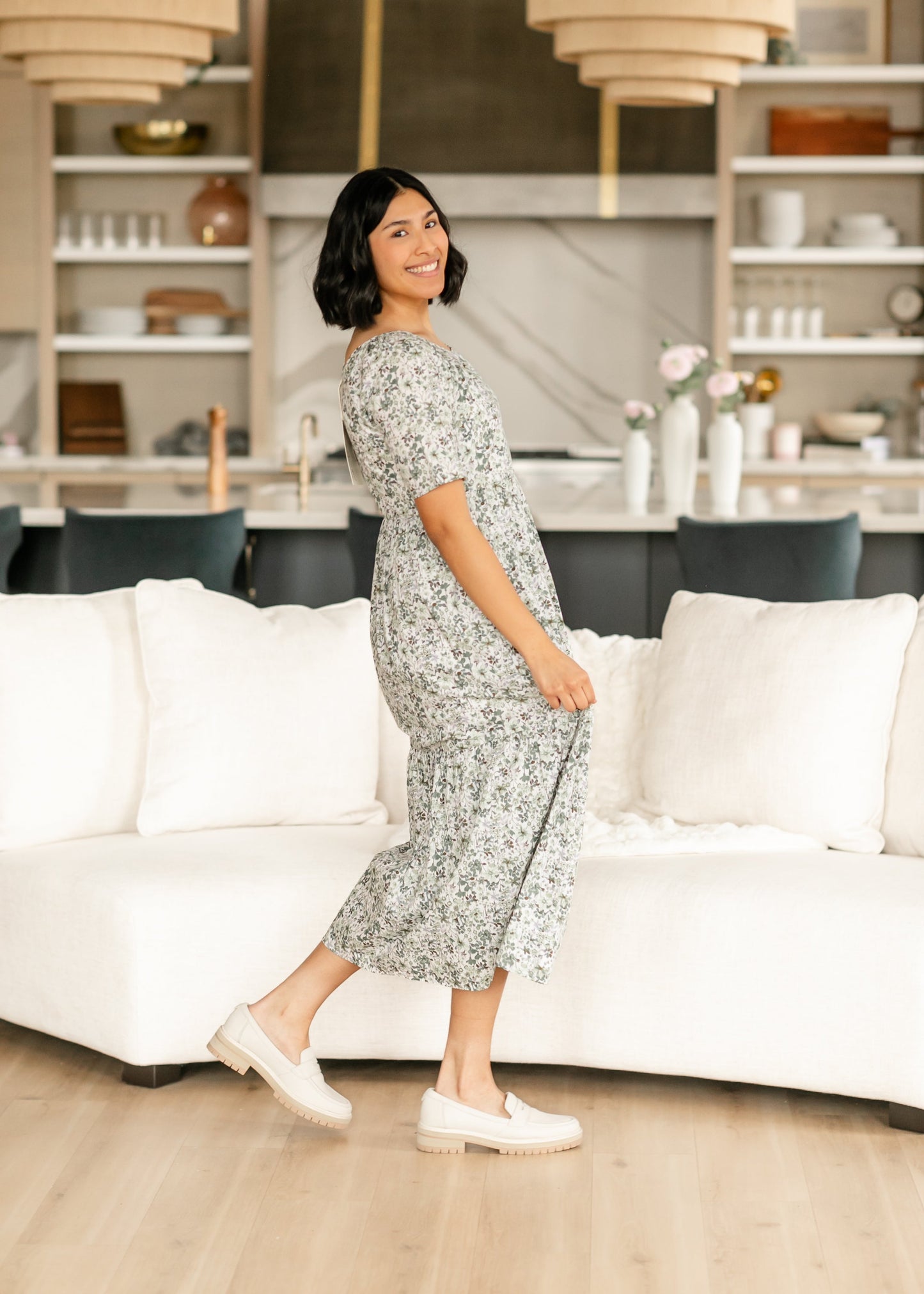 Green Floral Boat Neck Midi Dress - FINAL SALE