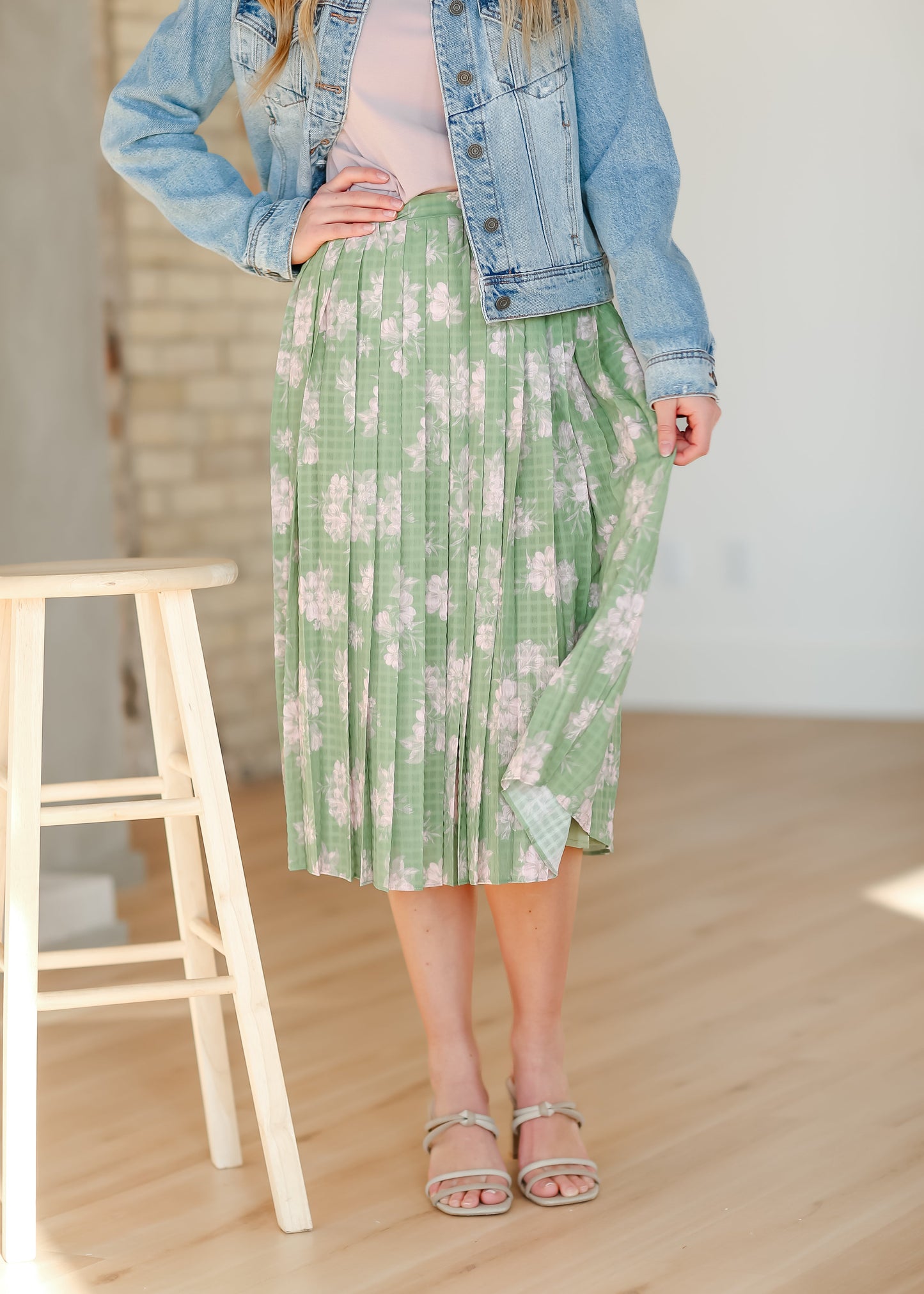Green Floral Pleated Midi Skirt - FINAL SALE