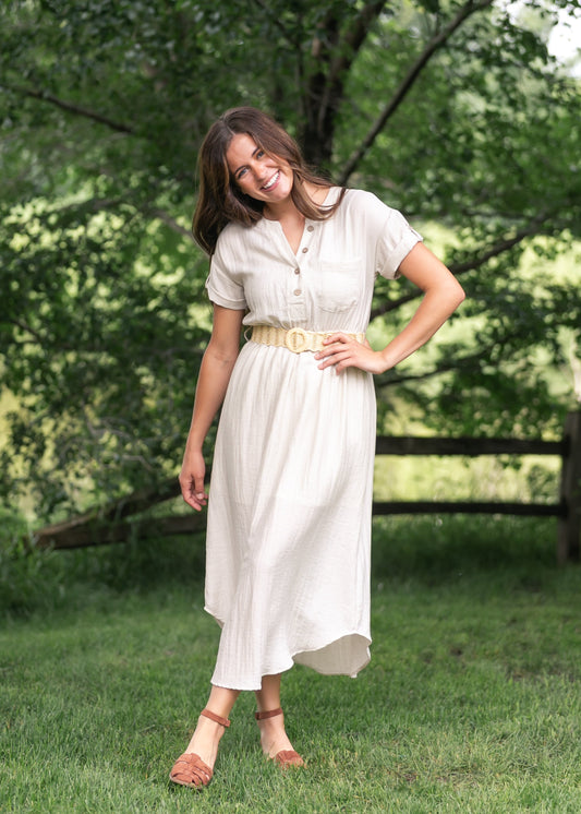 Half Button Belted Shirt Dress