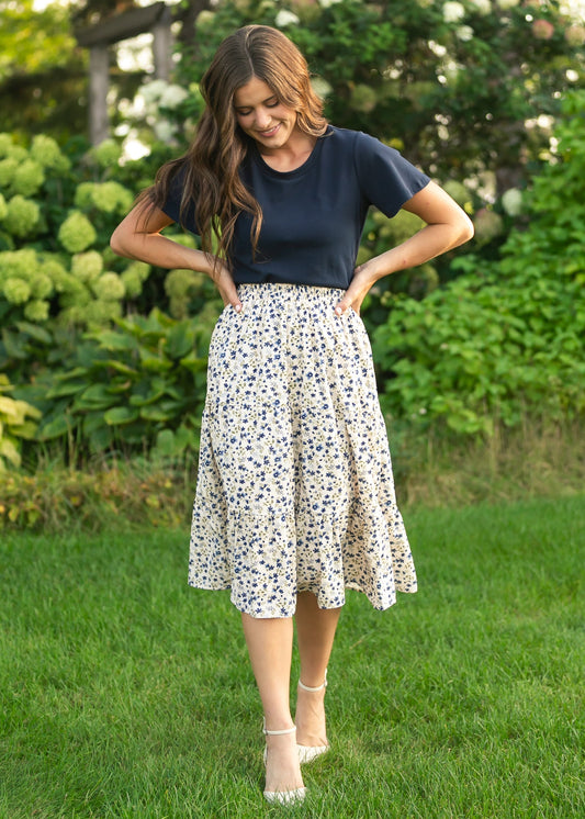 Harlow Tiered Blue Floral Midi Skirt