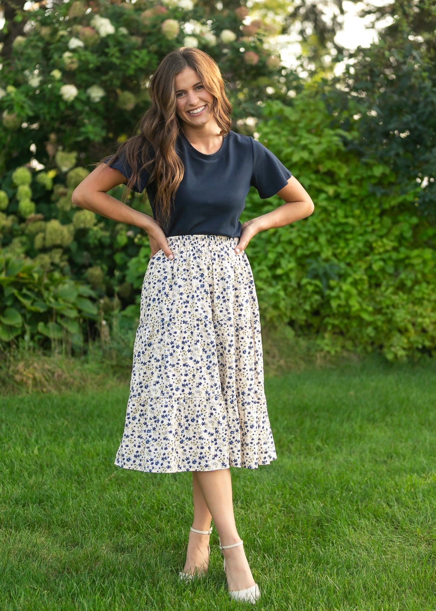 Harlow Tiered Blue Floral Midi Skirt